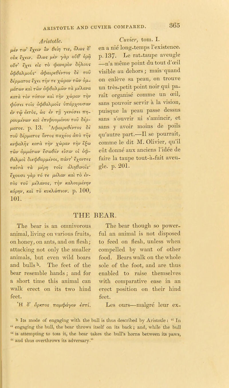 Aristotle. fxev tiv exeiv *IV ^et,7 TIS’ °^cos oiiK P*v yap ovd* °pa ovt ?xcl eLS T° 4>aveP°v S)jXovy 6<p8d\povs' a<t>aipedevTOS Se rod bepparos e^ei Tyv re raw op- pdraiv Kai raw d<p8abp5>v rci pe\ava Kara tov tottov Kai ryv x^pav tt/v (pvaei roly 6(f>6a\pois virdpxovcrav iv ra> €Ktos, a>y ev rfj yevtcrei ny- povpevcvv Kai eiri(j)voplvov tov 8ep- paros. p. 13. ’ Atpaipedevros 8e tov SeppaTos ovtos 7ra^eoy curb rrjs Ke(f)a\rjs Kara Tyv x^pav TPV e£a> raw oppdrav eo'odOev elcriv oi b<p- 6a\poi 8ie(j)8appevoi, ttcivt i'xovTes TavTa ra pipy roly aXydivois i'xovcn yap to re plXav Kai to iv- roy tov pfkavos, Tyv KaXovplvyv Kopyv, Kai to kvk\o)TTlov. p. 100, 101. Cuvier, tom. I. en a nie long-temps l’existence. p. 137- Le rat-taupe aveugle —n’a meme point du tout cl’oeil visible au dehors; maisquand on enleve sa peau, on trouve un tres-petit point noir qui pa- rait organise comme un ceil, sans pouvoir servir a la vision, puisque la peau passe dessus sans s’ouvrir ni s’amincir, et sans y avoir moins de poils qu’autre part.—II se pourrait, comme le dit M. Olivier, qu’il eut donne aux anciens l’idee de faire la taupe tout-a-fait aveu- gle. p. 201. THE BEAR. The hear is an omnivorous animal, living on various fruits, on honey, on ants, and on flesh; attacking not only the smaller animals, but even wild boars and bullsh. The feet of the bear resemble hands; and for a short time this animal can walk erect on its two hind feet. H 8’ apKTOs nap(f)dyov IcttL. The bear though so power- ful an animal is not disposed to feed on flesh, unless when compelled by want of other food. Bears walk on the whole sole of the foot, and are thus enabled to raise themselves with comparative ease in an erect position on their hind feet. Les ours—malgre leur ex- b Its mode of engaging with the bull is thus described by Aristotle: “ In “ engaging the bull, the bear throws itself on its back; and, while the bull “ is attempting to toss it, the bear takes the bull’s horns between its paws, “ and thus overthrows its adversary.”