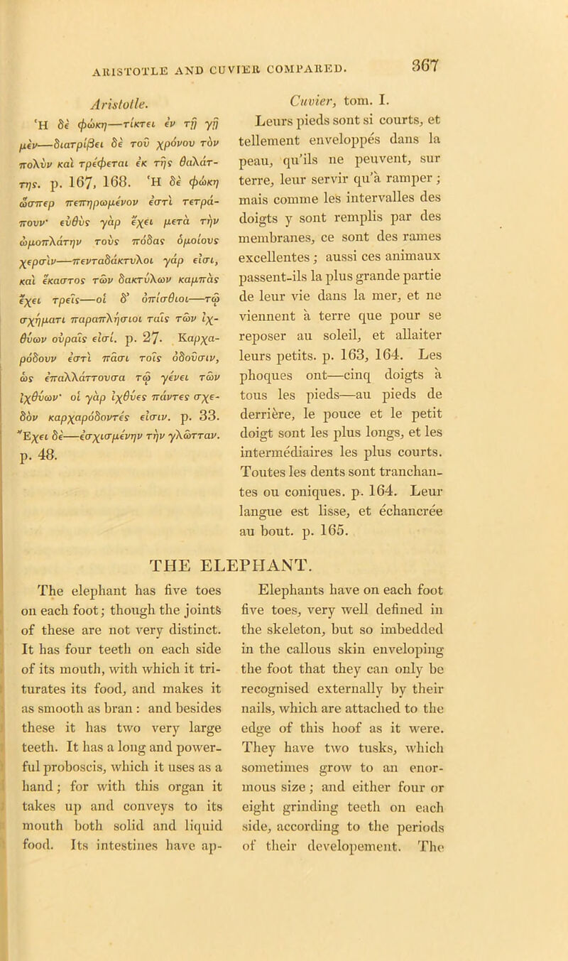 Aristotle. 'H Se (pioKij—TIKT€1 eV rfj yjj piv—SiaTpifiei Se rov xpdvov top iroXiiv Kcii rpeejierai ck rijs SaXdr- Tijs. p. 167, 168. 'H Se cfxiiKT] docrnep ireirrjpcopevov cirri rerpd- now' evSiis yap e^et peril rpv wponXdrrjv rods 7roS as opoiovs Xeperlv—irevraddKTvXoi yap elm, ml eraaros rcov SaicrvXcov Kapitas e^et rpeis—oi S’ oirio'Oioi—raj axfipari irapairXrjirioi rais rcov l%- Bvcov ovpciis eitrt. p. 27- Kap^a- podovv earl nacre rois odovatv, cos eiraXXdrrovcra rai yevei rcov IX&vcov’ oi yap lx@ves irdvres (r^e- 8ov Kapxapohovres elcriv. p. 33. E^ei Se—iax^pevriv rr]v yXcorrav. p. 48. Cuvier, tom. I. Leurs pieds sont si courts,, et tellement enveloppes dans la peau, qu’ils ne peuvent, sur terre, leur servir qu’a ram per; mais conime les intervalles des doigts y sont remplis par des membranes, ce sont des rames excellentes; aussi ces animaux passent-ils la plus grande partie de leur vie dans la mer, et ne viennent a terre que pour se reposer au soleil, et allaiter leurs petits. p. 163, 164. Les phoques ont—cinq doigts a tous les pieds—au pieds de derriere, le pouce et le petit doigt sont les plus longs, et les intermediates les plus courts. Toutes les dents sont tranchan- tes ou coniques. p. 164. Leur langue est lisse, et echancree au bout. p. 165. THE ELEPHANT. The elephant has five toes on each foot; though the joints of these are not very distinct. It has four teeth on each side of its mouth, with which it tri- turates its food, and makes it as smooth as bran : and besides these it has two very large teeth. It has a long and power- ful proboscis, which it uses as a hand; for with this organ it takes up and conveys to its mouth both solid and liquid food. Its intestines have ap- Elephants have on each foot five toes, very well defined in the skeleton, but so imbedded in the callous skin enveloping the foot that they can only be recognised externally by their nails, which are attached to the edge of this hoof as it were. They have two tusks, which sometimes grow to an enor- mous size; and either four or eight grinding teeth on each side, according to the periods of their developement. The