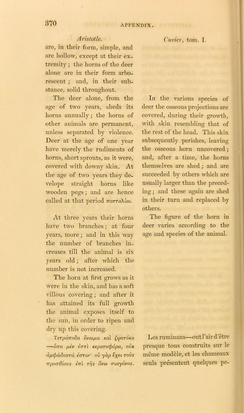 Al'l’KNDIX. Aristotle. are, in their form, simple, and are hollow, except at their ex- tremity ; the horns of the deer alone are in their form arbo- rescent ; and, in their sub- stance, solid throughout. The deer alone, from the age of two years, sheds its horns annually; the horns of other animals are permanent, unless separated by violence. Deer at the age of one year have merely the rudiments of horns, short sprouts, as it were, covered with downy skin. At the age of two years they de- velope straight horns like wooden pegs; and are hence called at that period nrarraXtiu. At three years their horns have two branches; at four years, more; and in this way the number of branches in- creases till the animal is six years old; after which the number is not increased. The horn at first grows as it were in the skin, and has a soft villous covering; and after it has attained its full growth the animal exposes itself to the sun, in order to ripen and dry up this covering. Terpanoda i'vaipa kcu £cooroKa —oaa jitv iar'i Keparocpopa, ovk dp.(j)G)$0VT(L iariv ov yap roiis npocrOtovs eVt rrjs dva> cnayovos. Cuvier, tom. I. In the various species of deer the osseous projections are covered, during their growth, with skin resembling that of the rest of the head. This skin subsequently perishes, leaving the osseous horn uncovered; and, after a time, the horns themselves are shed; and are succeeded by others which are usually larger than the preced- ing; and these again are shed in their turn and replaced by others. The figure of the horn in deer varies according to the age and species of the animal. Les ruminans—ontl’air d’etre presque tous construits sur le meme module, et les cliameaux seuls presentent quelques pe-