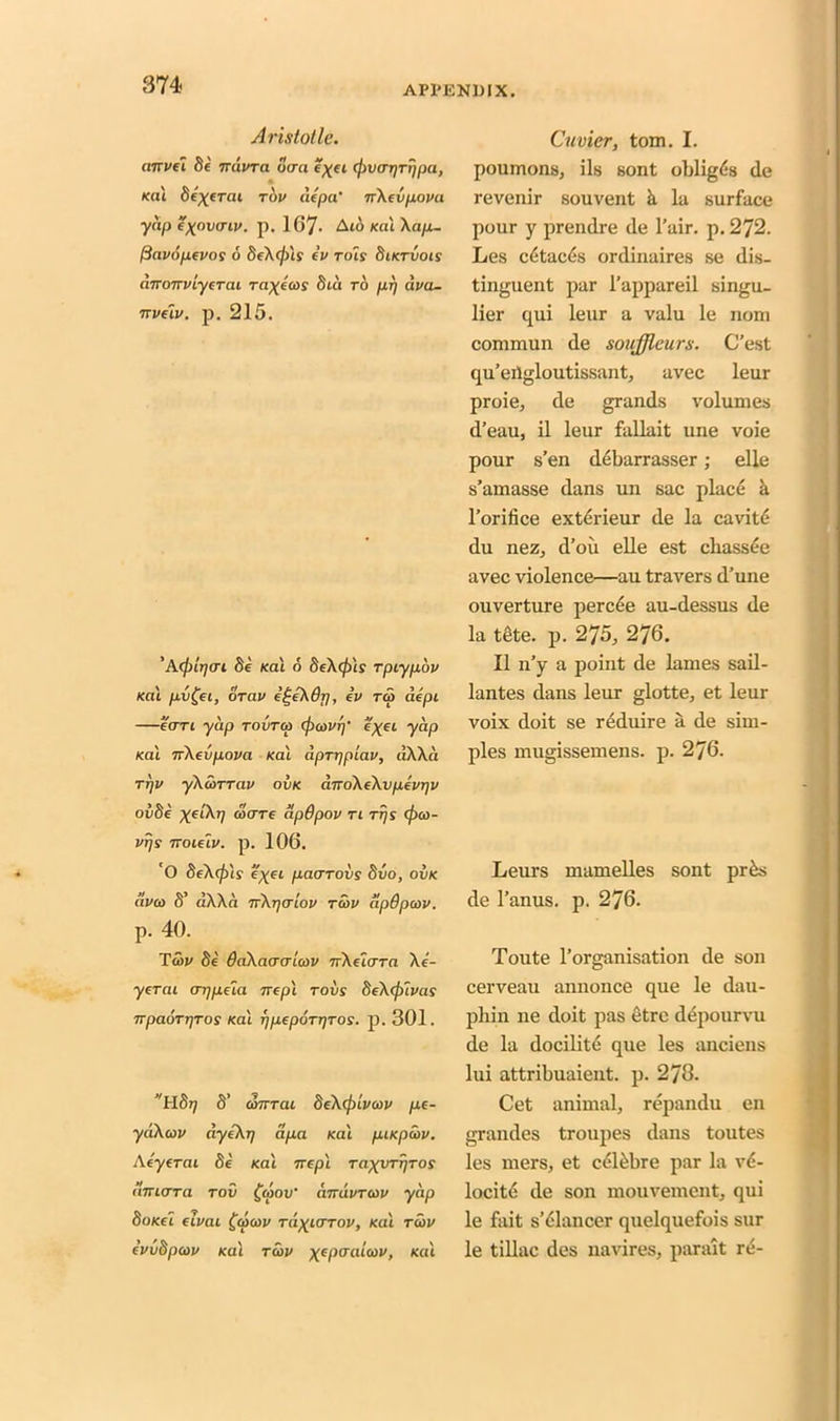 APPENDIX. Aristotle. curve I 8e rravra Sira e\et c^virrjTrjpa, Kill Several rov ciepa’ nXevpova yap e\ovcriv. p. 167- Ato /cat Xap- (3av6pevos 6 8eX(f>ls ev rots Siktvois cnroirviyerai ra^ecos 8tit rb pr) ava- nveiv. p. 215. ’A<f>ir]ari 8e (cat 6 8eX(p\s rpiypbv Kal pv£ei, orav egeXOrj, ev rco aepi —can yap rovra (ficovrj- c'xei yap /cat nXebpova /cat dprrjpiav, dXXa rrjv yXcbrrav ovk cnroXcXvpcvrjv ov8e Xe^Tl Siare apdpov Ti rrjs (jxo- vrjs TTOielv. p. 106. 'O 8eX(f>ls exei paarovs 8vo, ovk clvco 8’ dXXa nXrjaiov rcov apdpcov. p. 40. T5>v 8c daXaaatov nXeiara Xc- yerai ar/pela nep'i robs SeXcfnvas Trpa6rr)Tos /cat TjpeporrjTos. p. 301. vbl8r) 8' anTTca 8eX<pivcov pe- yaXcov ayeXr) apa /cat piKpbov. Aeyerai 8c /cat irep'i raxvrrjros miara rov £oiov' curdvrcov yap 8oKet eivai £cpcov raxiarov, /cat rcov cvubpcov Kal rcov xePaAiov, /cat Cuvier, tom. I. poumons, ils sont obliges de revenir souvent a la surface pour y prendre de l’air. p. 272. Les c6tac£s ordinaires se dis- tinguent par l’appareil singu- lar qui leur a valu le nom commun de soufflcurs. C’est qu’eilgloutissant, avec leur proie, de grands volumes d’eau, il leur fallait une voie pour s’en debarrasser; elle s’amasse dans un sac place h l’orifice exterieur de la cavitd du nez, d’ou elle est cbassee avec violence—au travers d’une ouverture percde au-dessus de la t6te. p. 275, 276. II n’y a point de lames sail- lantes dans leur glotte, et leur voix doit se reduire a de sim- ples mugissemens. p. 276. Leurs mamelles sont prks de 1’anus. p. 276. Toute l’organisation de son cerveau annonce que le dau- phin ne doit pas etre depourvu de la docilite que les anciens lui attribuaient. p. 273. Cet animal, repandu en grandes troupes dans toutes les mers, et cdlkbre par la v4- locitd de son mouvement, qui le fait s’dlancer quelquefois sur le tillac des navires, parait re-