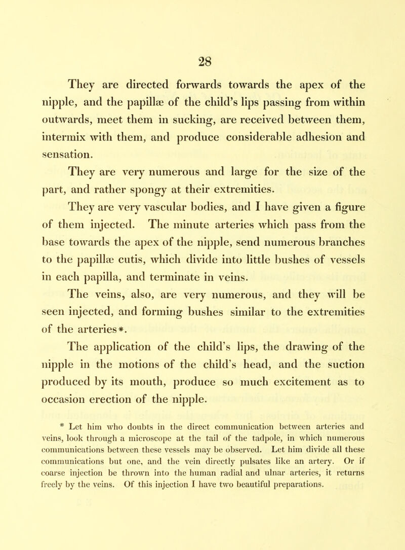 They are directed forwards towards the apex of the nipple, and the papillae of the child’s lips passing from within outwards, meet them in sucking, are received between them, intermix with them, and produce considerable adhesion and sensation. They are very numerous and large for the size of the part, and rather spongy at their extremities. They are very vascular bodies, and I have given a figure of them injected. The minute arteries which pass from the base towards the apex of the nipple, send numerous branches to the papillae cutis, which divide into little bushes of vessels in each papilla, and terminate in veins. The veins, also, are very numerous, and they will be seen injected, and forming bushes similar to the extremities of the arteries*. The application of the child’s lips, the drawing of the nipple in the motions of the child’s head, and the suction produced by its mouth, produce so much excitement as to occasion erection of the nipple. * Let him who doubts in the direct communication between arteries and veins, look through a microscope at the tail of the tadpole, in which numerous communications between these vessels may be observed. Let him divide all these communications but one, and the vein directly pulsates like an artery. Or if coarse injection be thrown into the human radial and ulnar arteries, it returns freely by the veins. Of this injection I have two beautiful preparations.