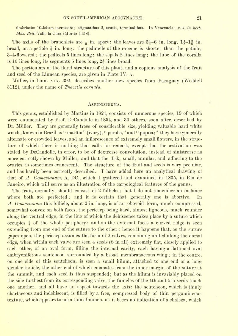 fimbriatim 10-lobam incrassato; stigmatibus 2, acutis, tcrminalibus. In Venezuela: v. s. in herb. Mus. Brit. Vallc la Cura (Moritz 1158). The axils of the branchlets are ^ in. apart; the leaves are 5^-6 in. long, l^lf in. broad, on a petiole | in. lon»^: the peduncle of the raceme is shorter than the petiole, 3-4-flowered; the pedicels 5 lines long; the sepals 2 lines long; the tube of the corolla is 10 lines long, its segments 5 lines long, 2^ lines broad. The particulars of the floral structure of this plant, and a copious analysis of the fruit and seed of tlie Linnean species, are given in Plate IV. a, Miiller, in Linn. xxx. 392, describes another new species from Paraguay (Weddell 3112), under the name of Tlievetia coriiuta. ASPIDOSPERMA. This genus, established by Martius in 1821, consists of numerous species, 19 of which were enumerated by Prof. DeCandolle in 1854, and 30 others, soon after, described by Dr. Miiller. They are generally trees of considerable size, yielding valual)le hard white woods, known in Brazil as  marfim (ivory),  peroba, and  piquia; they have generally alternate or crowded leaves, and an inflorescence of extremely small flowers, in the struc- ture of which there is nothing that calls for remark, except that the aestivation was stated by DeCandolle, in error, to be of dextrorse convolution, instead of sinistrorse as more correctly shown by Miiller, and that the disk, small, annular, and adhering to the ovaries, is sometimes evanescent. The structure of the fruit and seeds is very peculiar, and has hardly been correctly described. I have added here an analytical drawing of that of A. Gomezianum, A. DC, which I gathered and examined in 1835, in Ptio de Janeiro, which will serve as an illustration of the carpological features of the genus. The fruit, normally, should consist of 2 follicles; but 1 do not remember an instance where both are perfected; and it is certain that generally one is abortive. In A. Gomezianum this follicle, about 2 in. long, is of an obovoid form, much compressed, somewhat convex on both faces, the pericarp being hard, almost ligneous, much rounder along the ventral edge, in the line of which the dehiscence takes place by a suture which occupies f of the whole periphery; and on the external faces a curved ridge is seen extending from one end of the suture to tlie other : hence it happens that, as the suture gapes open, the pericarp assumes the form of 2 valves, remaining united along the dorsal edge, when within each valve are seen 4 seeds (8 in all) extremely flat, closely applied to each other, of an oval form, filling the internal cavity, each having a flattened oval embryoniferous scutcheon surrounded by a broad membranaceous wing; in the centre, on one side of this scutcheon, is seen a small liilum, attached to one end of a long slender f unicle, the other end of which emanates from the inner margin of the suture at the summit, and each seed is thus suspended; but as the hilum is invariably placed on the side furthest from its corresponding valve, the funicles of the 1th and 5tli seeds touch one another, and all have an aspect towards the axis: the scutcheon, which is thinly chartaceous and indehiscent, is filled by a free, compressed body of thin pei'gamineous texture, which appears to me a thin albumen, as it bears no indication of a chaloza, which