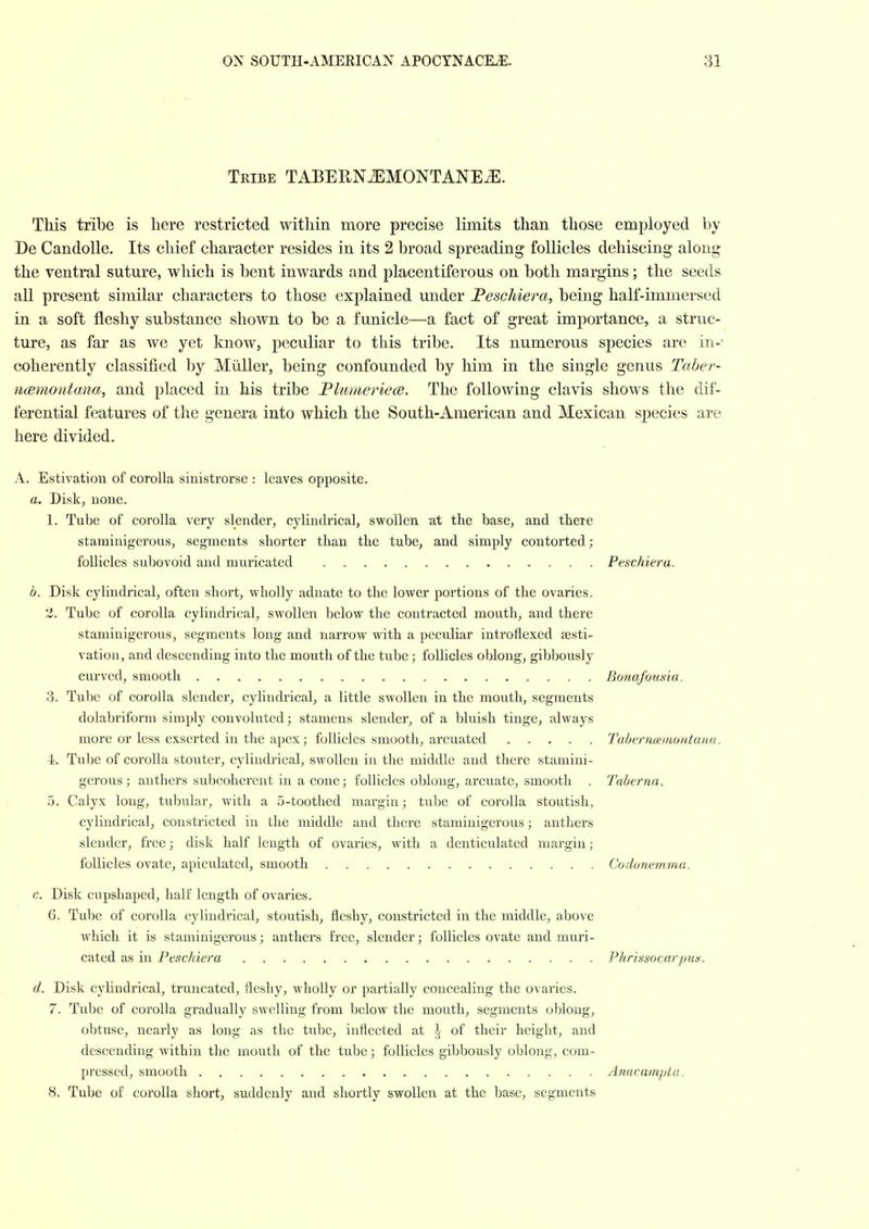 Tribe TABEHN^MONTANEiE. This tribe is here restricted within more precise limits than those employed by De Candolle. Its chief character resides in its 2 broad spreading follicles dehiscing along the ventral suture, which is bent inwards and placentiferous on both margins; the seeds all present similar characters to those explained under Peschiera, being half-immersed in a soft fleshy substance shown to be a funicle—a fact of great importance, a struc- ture, as far as we yet know, peculiar to this tribe. Its numerous species are in-' coherently classified by Miiller, being confounded by him in the single genus Taber- nmnontaiia, and placed in his tribe Phmieriece. The following clavis shows the dif- ferential features of the genera into which the South-American and Mexican species are here divided. A. Estivation of corolla sinistrorse : leaves opposite. a. Disk, none. 1. Tube of corolla very slender, cylindrical, swollen at the base, and there staminigerous, segments shorter than the tube, and simply contorted; follicles subovoid and muricated . Peschiera. b. Disk cylindrical, often short, wholly aduate to the lower portions of the ovaries. 2. Tube of corolla cylindrical, swollen below the contracted mouth, and there staminigerous, segments long and narrow with a peculiar introflexed sesti- vation, and descending into the mouth of the tube; follicles oblong, gibbously curved, smooth Bonafousia. 3. Tube of corolla slender, cyhndrical, a little swollen in the mouth, segments dolabriform simply convoluted; stamens slender, of a bluish tinge, always more or less exserted in the apex; follicles smooth, arcuated Tabernmaontana. \. Tube of corolla stouter, cylindrical, swollen in the middle and there stamini- gerous ; anthers subcoherent in a cone; follicles oblong, arcuate, smooth . Taberna, 5. Calyx long, tulnilar, with a 5-toothed margin; tube of corolla stoutish, cylindrical, constricted in the middle and there staminigerous; anthers slender, free; disk half length of ovaries, with a denticulated margin; follicles ovate, apiculated, smooth Codunemma. c. Disk cupshaped, half length of ovaries. 6. Tube of corolla cylindrical, stoutish, fleshy, constricted in the middle, above which it is staminigerous; anthers free, slender; follicles ovate and muri- cated as in Peschiera Phrissocarpus. d. Disk cylindrical, truncated, fleshy, wholly or partially concealing the ovaries. 7. Tube of corolla gradually swelling from below the mouth, segments oblong, obtuse, nearly as long as the tube, inflected at ^ of their height, and descending within the mouth of the tube; follicles gibbously oblong, com- pressed, smooth Anacampta. 8. Tube of corolla short, suddenly and shortly swollen at the base, segments