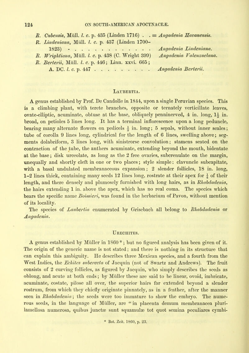 Angadenia Havanensis. Angadenia Lindeniana. Angadenia Valenzuelana. Angadenia Berterii. Latjbertia. A genus established by Prof. De CandoUe in 1844, upon a single Peruvian species. This is a climbing plant, with terete branches, opposite or ternately verticillate leaves, ovate-elliptic, acuminate, obtuse at the base, obliquely penninerved, 4 in. long, 1^ in. broad, on petioles 5 lines long. It has a terminal inflorescence upon a long peduncle, bearing many alternate flowers on pedicels \ in. long; 5 sepals, without inner scales; tube of corolla 9 lines long, cylindrical for the length of 6 lines, swelling above; seg- ments dolabriform, 3 lines long, with sinistrorse convolution; stamens seated on the contraction of the tube, the anthers acuminate, extending beyond the mouth, bidentate at the base; disk urceolate, as long as the 2 free ovaries, subcrenulate on the margin, unequally and shortly cleft in one or two places; style simple; clavuncle subcapitate, with a basal undulated membranaceous expansion; 2 slender follicles, 18 in. long, 1-2 lines thick, containing many seeds 12 lines long, rostrate at their apex for \ of their length, and there densely and plumosely furnished with long hairs, as in Rhabdadenia, the hairs extending 1 in. above the apex, which has no real coma. The species which bears the specific name Boissieri, was found in the herbarium of Pavon, without mention of its locality. The species of Lauhertia enumerated by Grisebach all belong to Rhabdadenia or Angadenia. Urechites. A genus established by Miiller in 1860 *; but no figured analysis has been given of it. The origin of the generic name is not stated; and there is nothing in its structure that can explain this ambiguity. He describes three Mexican species, and a fourth from the West Indies, the Echites suberecta of Jacquin (not of Swartz and Andrews). The fruit consists of 2 curving follicles, as figured by Jacquin, who simply describes the seeds as oblong, and acute at both ends; by Miiller these are said to be linear, ovoid, imbricate, acuminate, costate, pilose all over, the superior hairs far extended beyond a slender rostrum, from which they chiefly originate pinnately, as in a feather, after the manner seen in Rhabdadenia; the seeds were too immature to show the embryo. The nume- rous seeds, in the language of Miiller, are in placenta demum membranacea pluri- lamellosa numerosa, quibus junctse sunt squamulae tot quot semina peculiares cymbi- B. Cubensis, Miill. I. c. p. 435 (Linden 1716) . . = R. Lindeniana, MiilL 1. c. p. 437 (Linden 1700- 1823) - R. Wrightiana, Miill. I c. p. 438 (C. Wright 399) R. Berterii, Miill. I. c. p. 446; Linn. xxvi. 665; A. DC. c. p. 447 * Bofc. Zeit. 1860, p. 23.