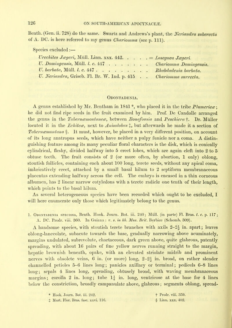 Benth. (Gen. ii. 728) do the same. Swartz and Andrews's plant, the Neriandra suherecta of A. DC. is here referred to my genus Chariomma (see p. 111). Species excluded:— Tlrechites Jcegeri, Miill. Linn. xxx. 442 TJ. Domingensis, Miill. I. c. 447 U. barhata, Miill. I. c. Ml Z7. Nericmdra, Griseb. PI. Br. W. Ind. p. 415 . . Odontadenia. A genus established by Mr. Bentham in 1841 *, who placed it in the tribe Flumeriece; he did not iind ripe seeds in the fruit examined by him. Prof. De CandoUe arranged the genus in the Taherncemontanece, between Bonafousia and Feschiera f. Dr. Miiller located it in the Echitece, next to Anisolobiis but afterwards he made it a section of TaherncRmontana §. It must, however, be placed in a very different position, on account of its long anatropus seeds, which have neither a pulpy funicle nor a, coma. A distin- guishing feature among its many peculiar floral characters is the disk, which is conically cylindrical, fleshy, divided halfway into 5 erect lobes, which are again cleft into 2 to 5 obtuse teeth. The fruit consists of 2 (or more often, by abortion, 1 only) oblong, stoutish follicles, containing each about 100 long, terete seeds, without any apical coma, imbricatively erect, attached by a small basal hilum to 2 septiform membranaceous placentas extending halfway across the cell. The embryo is encased in a thin corneous albumen, has 2 linear narrow cotyledons with a terete radicle one tenth of their length, which points to the basal hilum. As several heterogeneous species have been recorded which ought to be excluded, I will here enumerate only those which legitimately belong to the genus. 1. Odontadenia speciosa, Bentli. Hook. Jourii. Bot. iii. 240; Miill. (in parte) Fl. Bras. t. c. p. 117; A. DC. Prodr. viii. 360. In Guiana : v. s. in hb. Mus. Brit. Berbice (Schomb. 309). A handsome species, with stoutish terete branches with axils 2-2| in. apart; leaves oblong-lanceolate, subacute towards the base, gradually narrowing above acuminately, margins undulated, subrevolute, chartaceous, dark green above, quite glabrous, patently spreading, with about 16 pairs of fine yellow nerves running straight to the margin, hepatic brownish beneath, opake, with an elevated striolate midrib and prominent nerves with obsolete veins, 6 in. (or more) long, 2-2^ in. broad, on rather slender channelled petioles 5-6 lines long; panicles axillary or terminal; pedicels 6-8 lines long; sepals 4 lines long, spreading, obtusely broad, with waving membranaceous margins; corolla 2 in. long; tube 1 j in. long, ventricose at the base for 4 lines below the constriction, broadly campanulate above, glabrous; segments oblong, spread- = Laseguea Jcegeri, Chariomma Doming ensis. Mhabdadenia barbata. Chariomma surrecta. * Hook. Journ. Bot. iii. 242. J Mart. Flor. Bras. fasc. xxvi. 116. t Prodr. viii. 359. § Linn. xxx. 402.