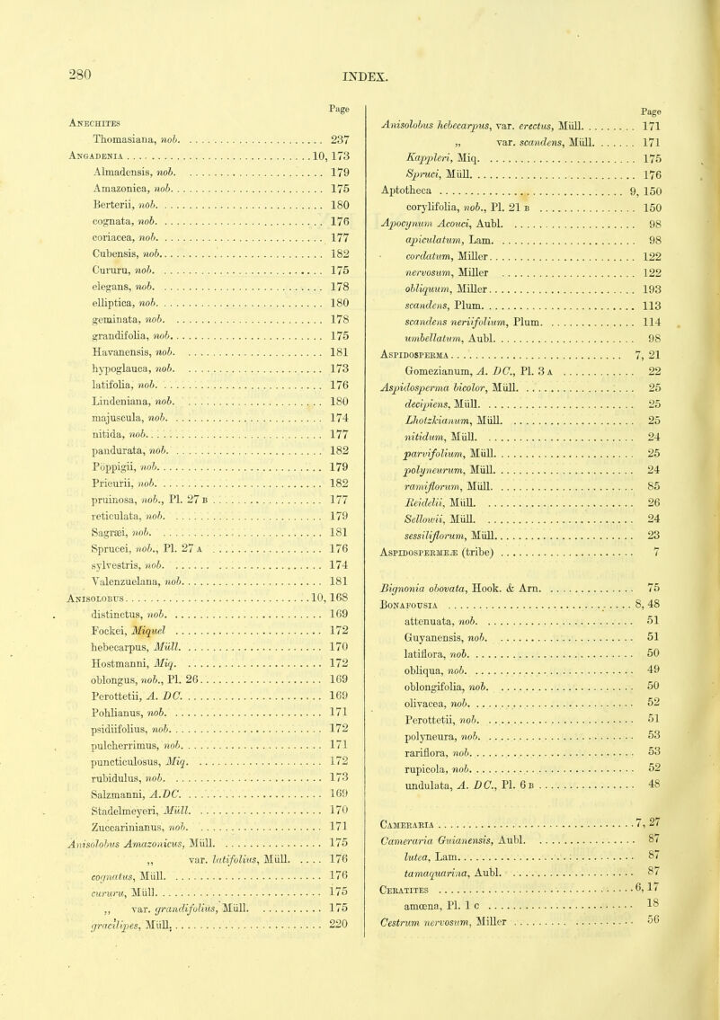 Page Anechites Thomasiana, nob 237 Angadenia 10,173 Almadensis, noh 179 Amazonica, nob 175 Berterii, nob 180 cognata, nob 176 coriacea, nob 177 Cubensis, nob 182 CuruTU, noh 175 elegans, nob 178 elliptica, nob 180 geminata, nob 178 grandifolia, nob 175 Havanensia, nob 181 hypoglauca, nob 173 latifolia, nob 176 Lindeniana, nob 180 majuscula, nob 174 nitida, nob 177 paudurata, nob. 182 Poppigii, nob 179 Prieurii, nob 182 pruinosa, nob., PI. 27 b 177 reticulata, noh 179 Sagraei, nob. 181 Sprucei, nob., PI. 27 a . . .: 176 sylvestris, nob 174 Valenzuelana, nob 181 AmsoLOBTJs 10,168 distinctus, nob 169 Fockei, Miquel 172 hebecarpus, Miill 170 Hostmanni, Miq 172 oblongus, nob., PI. 26 169 Perottetii, A. DC. 169 Pohlianus, nob 171 psidiifolius, wo6. 172 pulclierrimus, nob 171 puncticuldsus, Miq 172 rubidulus, nob 173 Salzmanni, A.DC. 169 Stadelmeyeri, Miill 170 Zuccarinianus, nob 171 Anisolohus Amazonicus, Miill 175 „ var. Intifolius, MiiU 176 cognatus, Miill 176 cururu, Miil] 175 ,, var. grandifolius, Miill 175 gracilipes, Miill. 220 Page Anisolobus hebecarpus, var. erectus, Miill 171 „ var. scandens, Miill 171 Kappleri, Miq 175 Spruci, MiiU 176 Aptotheca 9, 150 corylifolia, «o6., PI. 21 b 150 Apocynum Acouci, Aubl 98 apiculatum, Lam 98 wrdatum, Miller 122 nervosum, Miller 122 obliquum, Miller 193 scandens, Plum 113 scandens neriifolium. Plum 114 umbellaUm, Aubl 98 ASPIDOSPEKMA 7, 21 Gomezianum, A Z)C, PI. 3 A 22 Aspidosperma bicolor, Miill ;. .. 25 decipiens, Miill 25 Lhotzkianum, Miill 25 nitidum, MiiU 24 parvifolium, MiUl 25 polyneurum, Miill 24 ramijiorum, Miill 85 Beidelii, MiiU 26 Sellowii, MiiU 24 sessilijlorum, MiiU 23 AspiDOSPEEMEiE (tribe) 7 Bignonia obovata, Hook. & Arn 75 BONAFOUSIA 8, 48 attenuata, nob 51 Guyanensis, nob 51 latiflora, nob 50 obUqua, nob oblongifolia, no6. 50 olivacea, nob • • Perottetii, noh. . 51 polyneura, noh 53 rariflora, nob 53 rupicola, nob 52 undulata, ^. Z)C., PI. 6 b 48 Cameeakia 7, 27 Canieraria Guianensis, Aubl 87 lutea, Lam 8/ tamaquarina, Aubl. 87 Ceeatites 6,1 / amcena, PL 1 c 18 Oestrum nervosum, MiUer 56