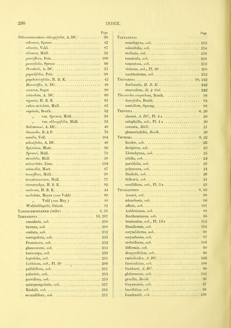 Page Taherncemontana ohlongifolia, A. DC 50 ochracea, Spruce 42 odorata, Vahl 87 olivacea, Mlill 52 parvijlora, Poir 100 paucifolia, Spruce 69 Ferottetii, A. DC 51 joopulifolia, Poir 99 jpsychotncefolia, H. B. K 42 Hauivoljia, A. DC 40 recurva, Sagot 80 reticulata, A. DC 69 riparia, H. B. K 91 ruhro-stnolata, Miill 65 rupicola, Benth 52 „ var. Sprncei, Miill 53 „ var. ohlongifolia, Miill 53 Sahmanni, A. DC , 40 Sananho, E. & P 78 sessilis, Veil 104 solanifolia, A. DC 46 Spixiana, Mart 36 Sprucei, Miill 70 stenoloba, Miill. 38 subcordafa, Linn , 193 submollis, Mart 67 • tenuijlora, Miill 38 ternstroemiacea, Miill 71 tetrastacliya, H. B. K 92 umbrosa, H. B. K 44 undulata, Meyer (non Vahl) 80 „ Vahl (non Mey.) 48 Wulfschlcegelii, Griseh 81 Tabeen^montane^ (tribe) 8, 31 Temnadenia 10, 207 annularis, nob 216 bicrura, nob .• • • • 208 cordata, nob 212 corrugulata, nob : 215 Franciscea, no6 212 glaucescens, nob 214 lasiocarpa, nob 210 leptoloba, nob 211 Lobbiana, tiob., PI. 30 209 paUidiflora, nob 211 palustris, nob.. . ; 213 parviflora, nob , 215 quinquangularis, nob. 217 Riedelii, nob 216 Becundiflora, nob. , 211 Page Temnadenia semidig-yna, nob. 213 solanifolia, nob. 214 stellaris, nob. 210 tenuicula, nob 216 tomentosa, nob 213 violacea, nob., PI. 30 208 sauthostoma, nob 212 Thenaedia 10, 242 floribunda, H. B. K. 242 suaveolens, M. <Sf Gal 242 Thenardia covymhosa, Benth. 98 laurifolia, Benth 94 umhellata, Spreng 98 Thevetia 6, 20 ahouai, A. DC, PI. 4 a 20 calophyUa, nob., PI. 4 a 20 cornuta, Miill 21 plumeriaefolia, Benth 20 Thteoma 9, 22 bicolor, nob 25 decipiens, nob. . 23 Llotschyana, nob 25 nitida, nob 24 parvifolia, nob 25 polyneura, nob 24 Eiedelii, nob 26 Sellowii, nob 24 sessiliflora, nob., PI. 3 b 23 Thyesanthus 8, 93 Acouci, nob 98 adenobasis, nob 96 affinis, nob 101 Aubletianus, nob 98 Benthamianus, nob 95 bracteatus, nob., PI. 13 b . 102 Brasiliensis, nob 103 corymbiferus, nob 98 corymbosus, nob 97 crebriflorus, nob 105 difformis, nob 99 diospyrifolius, nob 96 embelioides, A. DC 106 fasciculatus, nob 100 Gardner!, A. DC. 96 . glabrescens, nob 102 gracilis, Benth 99 Guyanensis, Ho6. 97 laurifolius, nob. , 94 Lijschnatii, nob ,. 106