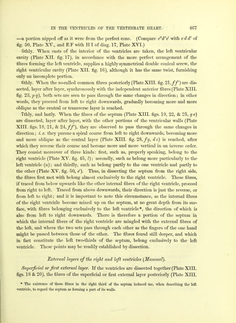 —a portion nipped off as it were from the perfect cone. (Compare cde' with cdd' of fig. 50, Plate XV., and EF with HI of diag. 17, Plate XVI.) 5thly. When casts of the interior of the ventricles are taken, the left ventricular cavity (Plate XII. fig. 17), in accordance with the more perfect arrangement of the fibres forming the left ventricle, supplies a highly symmetrical double conical screw, the right ventricular cavity (Plate XII. fig. 16), although it has the same twist, furnishing only an incomplete portion. 6thly. When the so-called common fibres posteriorly (Plate XIII. fig. 21, ff) are dis- sected, layer after layer, synchronously with the independent anterior fibres (Plate XIII. fig. 23, pq), both sets are seen to pass through the same changes in direction; in other words, they proceed from left to right downwards, gradually becoming more and more oblique as the central or transverse layer is reached. 7thly, and lastly. When the fibres of the septum (Plate XIII. figs. 19, 22, & 25, g e) are dissected, layer after layer, with the other portions of the ventricular walls (Plate XIII. figs. 18, 21, & 24, ff), they are observed to pass through the same changes in direction; i. e. they pursue a spiral course from left to right downwards, becoming more and more oblique as the central layer (Plate XIII. fig. 28, fg, de) is reached, after which they reverse their course and become more and more vertical in an inverse order. They consist moreover of three kinds: first, such as, properly speaking, belong to the right ventricle (Plate XV. fig. 45, I); secondly, such as belong more particularly to the left ventricle (n); and thirdly, such as belong partly to the one ventricle and partly to the other (Plate XV. fig. 50, e'). Thus, in dissecting the septum from the right side, the fibres first met with belong almost exclusively to the right ventricle. These fibres, if traced from below upwards like the other internal fibres of the right ventricle, proceed from right to left. Traced from above downwards, their direction is just the reverse, or from left to right; and it is important to note this circumstance, as the internal fibres of the right ventricle become mixed up on the septum, at no great depth from its sur- face, with fibres belonging exclusively to the left ventricle *, the direction of which is also from left to right downwards. There is therefore a portion of the septum in which the internal fibres of the right ventricle are mingled with the external fibres of the left, and where the two sets pass through each other as the fingers of the one hand might be passed between those of the other. The fibres found still deeper, and which in fact constitute the left two-thirds of the septum, belong exclusively to the left ventricle. These points may be readily established by dissection. External layers of the right and left ventricles (Mammal). Superficial or first external layer. If the ventricles are dissected together (Plate XIII. figs. 18 & 20), the fibres of the superficial or first external layer posteriorly (Plate XIII. * The existence of these fibres in the right third of the septum induced me, when describing the left ventricle, to regard the septum as forming a part of its walls.