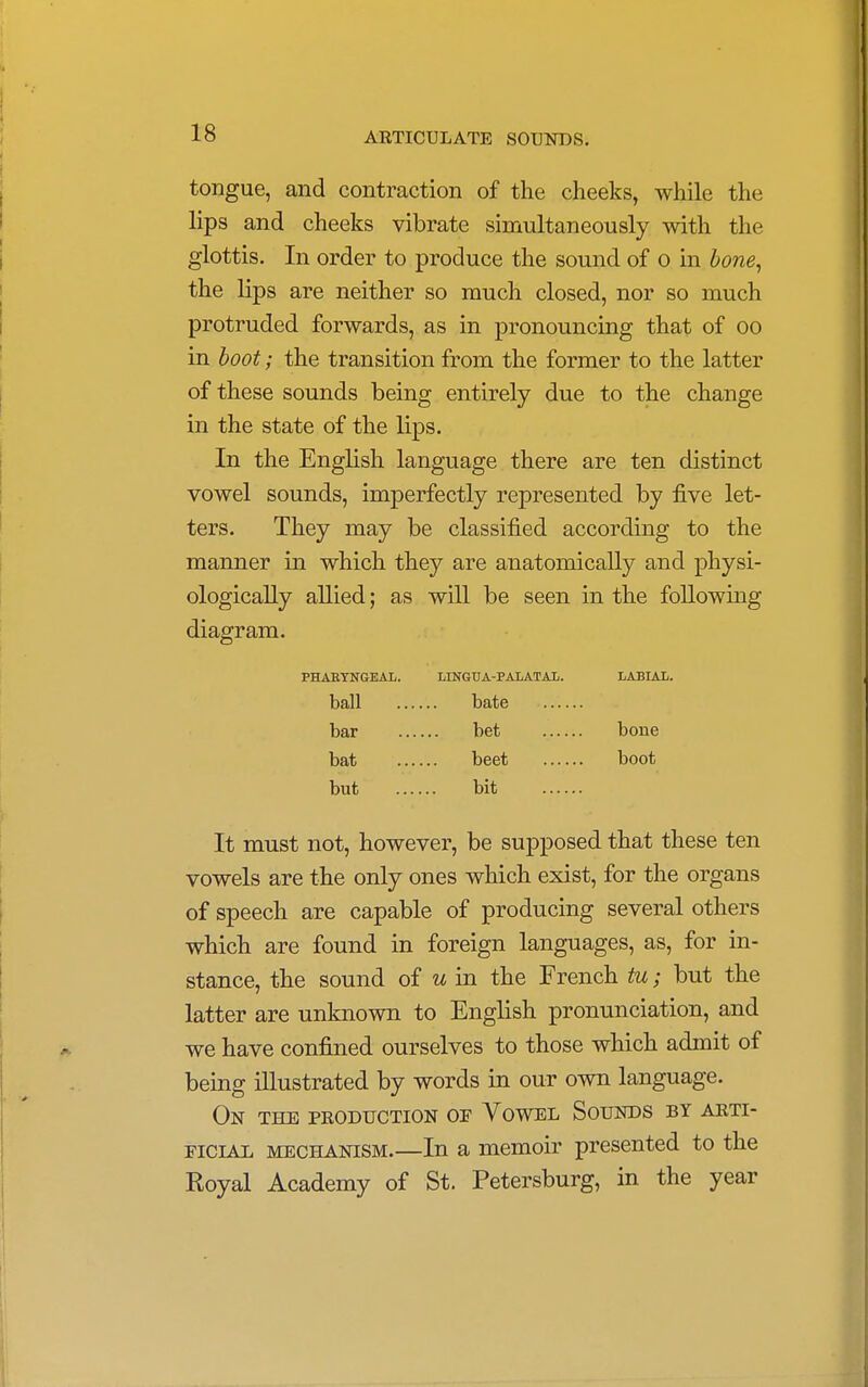 tongue, and contraction of the cheeks, while the lips and cheeks vibrate simultaneously with the glottis. In order to produce the sound of o in bone, the lips are neither so much closed, nor so much protruded forwards, as in pronouncing that of oo in boot; the transition from the former to the latter of these sounds being entirely due to the change in the state of the lips. In the English language there are ten distinct vowel sounds, imperfectly represented by five let- ters. They may be classified according to the manner in which they are anatomically and physi- ologically allied; as will be seen in the following diagram. PHARYNGEAL. LINGUA-PALATAL. LABIAL. ball bate bar bet bone bat beet boot but bit It must not, however, be supposed that these ten vowels are the only ones which exist, for the organs of speech are capable of producing several others which are found in foreign languages, as, for in- stance, the sound of u in the French tu; but the latter are unknown to English pronunciation, and we have confined ourselves to those which admit of being illustrated by words in our own language. On the production of Vowel Sounds by arti- ficial mechanism.—In a memoir presented to the Royal Academy of St. Petersburg, in the year