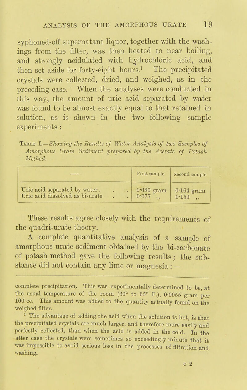 syphonecl-off supernatant liquor, together with the wash- ings from the filter, was then heated to near boiling, and strongly acidulated with hydrochloric acid, and then set aside for forty-eight hours.^ The precipitated crystals were collected, dried, and weighed, as in the preceding case. When the analyses were conducted in this way, the amount of uric acid separated by water was found to be almost exactly equal to that retained in solution, as is shown in the two following sam^Dle experiments : Table I.—Showing the Results of WatSr Analysis of two Samples of Amorphoiis Urate Sediment prepared by the Acetate of Potash Method. First sample Second sample Uric acid separated by water. Uric acid dissolved as bi-urate 0-080 gram 0-077 „ 0-164 gram 0-159 „ These results agree closely with the requirements of the quadri-urate theory. A complete quantitative analysis of a sample of amorphous urate sediment obtained by the bi-carbonate of potash method gave the following results; the sub- stance did not contain any lime or magnesia: — complete precipitation. This was experimentally determined to be, at the usual temperature of the room (60° to 65° F.), 0-0055 gram per 100 cc. This amount was added to the quantity actually found on the weighed filter. > The advantage of adding the acid when the solution is hot, is that the precipitated crystals are much larger, and therefore more easily and perfectly collected, than when the acid is added in the cold. In the atter case the crystals were sometimes so exceedingly minute that it was impossible to avoid serious loss in the processes of filtration and washing. c 2