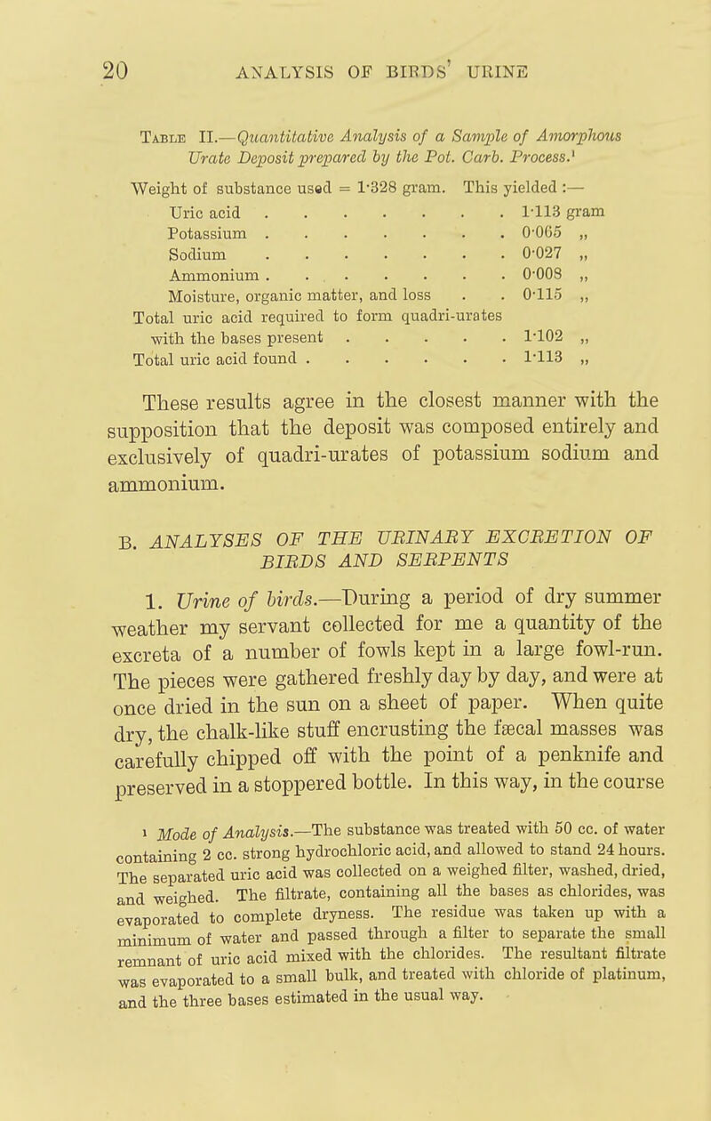 Table II.—Quantitative Analysis of a Sample of Amorphous Urate Deposit prepared by the Pot. Carb. Process.^ Weight of substance usacT = 1-328 gram. This yielded :— Uric acid 1-113 gram Potassium 0-065 „ Sodium 0-027 „ Ammonium . 0-008 „ Moisture, organic matter, and loss . . 0-115 „ Total uric acid required to form quadri-urates ■with the bases present 1-102 „ Total uric acid found 1-113 „ These results agree in tlae closest manner with the supposition that the deposit was composed entirely and exclusively of quadri-urates of potassium sodium and ammonium. B. ANALYSES OF THE UBINABY EXCBETION OF BIBDS AND SEBPENTS 1. Urine of birds.—During a period of dry summer weather my servant collected for me a quantity of the excreta of a number of fowls kept in a large fowl-run. The pieces were gathered freshly day by day, and were at once dried in the sun on a sheet of paper. When quite dry, the chalk-hke stuff encrusting the faecal masses was carefully chipped off with the point of a penknife and preserved in a stoppered bottle. In this way, in the course » Mode of Analysis.—The substance was treated with 50 cc. of water containing 2 cc. strong hydrochloric acid, and allowed to stand 24 hours. The separated uric acid was collected on a weighed filter, washed, di-ied, and weighed. The filtrate, containing all the bases as chlorides, was evaporated to complete dryness. The residue was taken up with a minimum of water and passed through a filter to separate the small remnant of uric acid mixed with the chlorides. The resultant filtrate was evaporated to a small bulk, and treated with chloride of platinum, and the three bases estimated in the usual way.