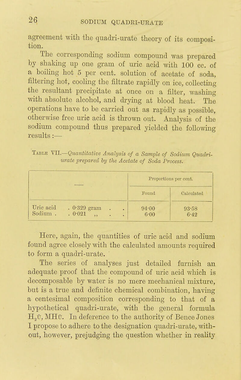 agreement with the quadri-urate theory of its composi- tion. The corresponding sodium compound was prepared by shaking up one gram of uric acid with 100 cc. of a boiHng hot 5 per cent, solution of acetate of soda, filtering hot, cooling the filtrate rapidly on ice, collecting the resultant precipitate at once on a filter, washing with absolute alcohol, and drying at blood heat. The operations have to be carried out as rapidly as possible, otherwise free uric acid is thrown out. Analysis of the sodium compound thus prepared yielded the following results:— Table YII.—Quantitative Analysis of a Sample of Sodium Qvadri- urate pre;parad by the Acetate of Soda Process. Proportions per cent. Fonnd Calculated Uric acid . 0-329 gram Sodium . . 0-021 ,, 94-00 6-00 93-58 6-42 Here, again, the quantities of uric acid and sodium found agree closely with the calculated amounts required to form a quadri-urate. The series of analyses just detailed furnish an adequate proof that the compound of uric acid which is decomposable by water is no mere mechanical mixture, but is a true and definite chemical combination, havmg a centesimal composition corresponding to that of a hypothetical quadri-urate, with the general formula HgU, MHtr. In deference to the authority of Bence Jones I propose to adhere to the designation quadri-urate, with- out, however, prejudging the question whether in reality