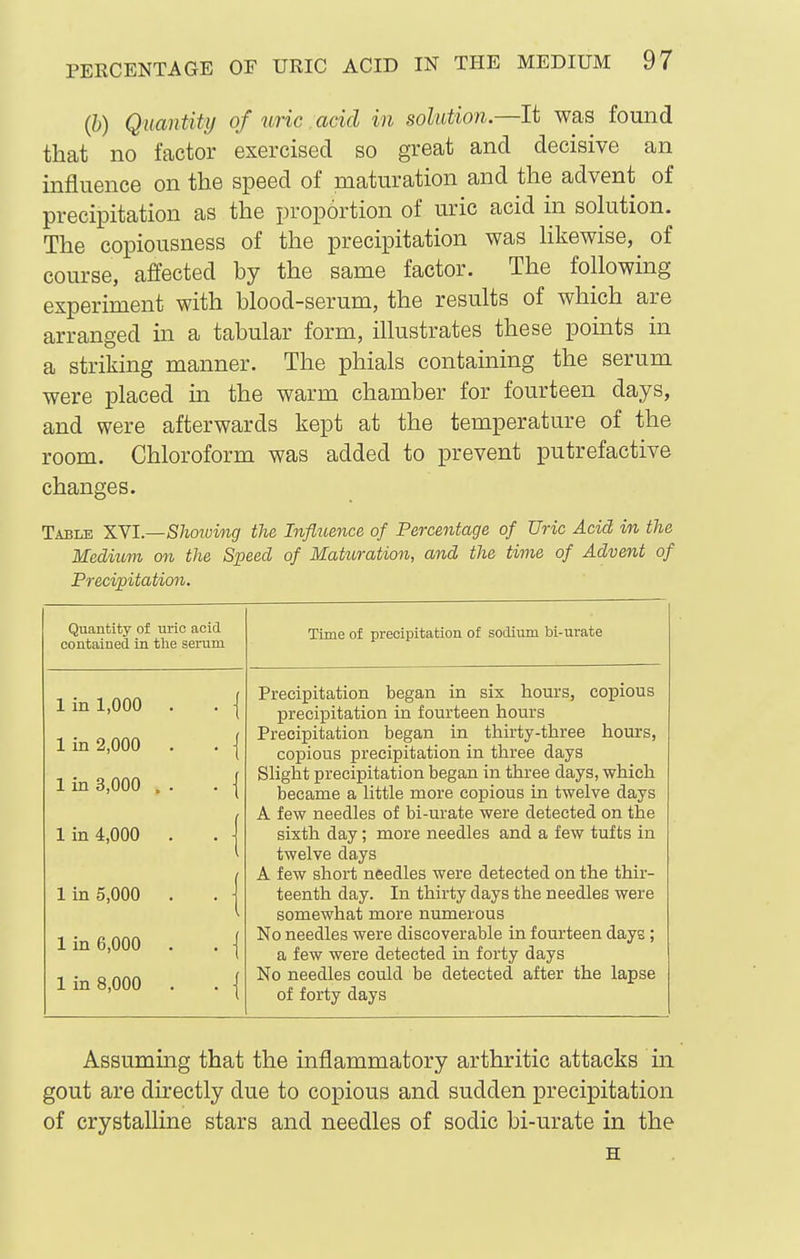 (h) Quantity of uric acid in solution.—It was found that no factor exercised so great and decisive an influence on the speed of maturation and the advent of precipitation as the proportion of uric acid in solution. The copiousness of the precipitation was hkewise, of course, affected by the same factor. The following experiment with blood-serum, the results of which are arranged in a tabular form, illustrates these points in a striking manner. The phials containing the serum were placed in the warm chamber for fourteen days, and were afterwards kept at the temperature of the room. Chloroform was added to prevent putrefactive changes. Table XVI.—Shmuing the Influence of Percentage of Uric Acid in the Medium on the Speed of Maturation, and the time of Advent of Precipitation. Quantity of uric acid contained in the serum Time of precipitation of sodium bi-urate 1 in 1,000 . . { 1 in 2,000 . . 1 1 in 3,000 . . . { 1 in 4,000 . 1 in 5,000 . . ■ 1 in 6,000 . . { 1 in 8,000 . . { Precipitation began in six hours, copious precipitation in fourteen hours Precipitation began in thirty-three hours, copious precipitation in three days Slight precipitation began in three days, which became a little more copious in twelve days A few needles of bi-urate were detected on the sixth day; more needles and a few tufts in twelve days A few short needles were detected on the thir- teenth day. In thirty days the needles were somewhat more numerous No needles were discoverable in fourteen days ; a few were detected in forty days No needles could be detected after the lapse of forty days Assuming that the inflammatory arthritic attacks in gout are directly due to copious and sudden precipitation of crystalline stars and needles of sodic bi-urate in the H