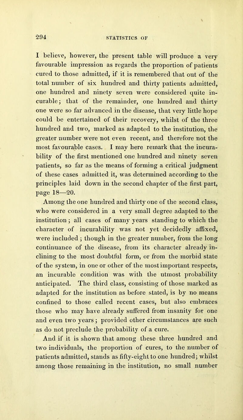 I believe, however, the present table will produce a very favourable impression as regards the proportion of patients cured to those admitted, if it is remembered that out of the total number of six hundred and thirty patients admitted, one hundred and ninety seven were considered quite in- curable ; that of the remainder, one hundred and thirty one were so far advanced in the disease, that very little hope could be entertained of their recovery, whilst of the three hundred and two, marked as adapted to the institution, the greater number were not even recent, and therefore not the most favourable cases. I may here remark that the incura- bility of the first mentioned one hundred and ninety seven patients, so far as the means of forming a critical judgment of these cases admitted it, was determined according to the principles laid down in the second chapter of the first part, page 18—20. Among the one hundred and thirty one of the second class, who were considered in a very small degree adapted to the institution ; all cases of many years standing to which the character of incurability was not yet decidedly affixed, were included ; though in the greater number, from the long continuance of the disease, from its character already in- clining to the most doubtful form, or from the morbid state of the system, in one or other of the most important respects, an incurable condition was with the utmost probability anticipated. The third class, consisting of those marked as adapted for the institution as before stated, is by no means confined to those called recent cases, but also embraces those who may have already suffered from insanity for one and even two years; provided other circumstances are such as do not preclude the probability of a cure. And if it is shown that among these three hundred and two individuals, the proportion of cures, to the number of patients admitted, stands as fifty-eight to one hundred; whilst among those remaining in the institution, no small number