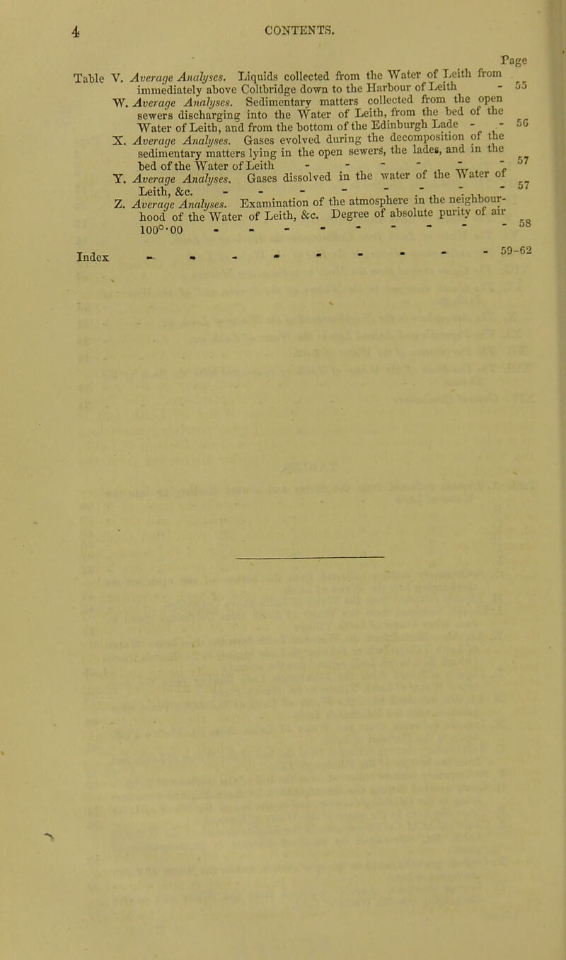 Page Table V. Average Analyses. Liquids collected from the Water of Leith from immediately above Coltbridge down to the Harbour of Leith W, Average Analyses. Sedimentary matters collected from the open sewers discharging into the Water of Leith, from the bed of the Water of Leith, and from the bottom of the Edinburgh Lade - - X. Averaqe Analyses. Gases evolved during the decomposition of the Z. Averaqe Analyses. Examination of the atmosphere in the neighbour- hood of the Water of Leith, &c. Degree of absolute purity of air 57 57 100°-00 58 Index - 59-62