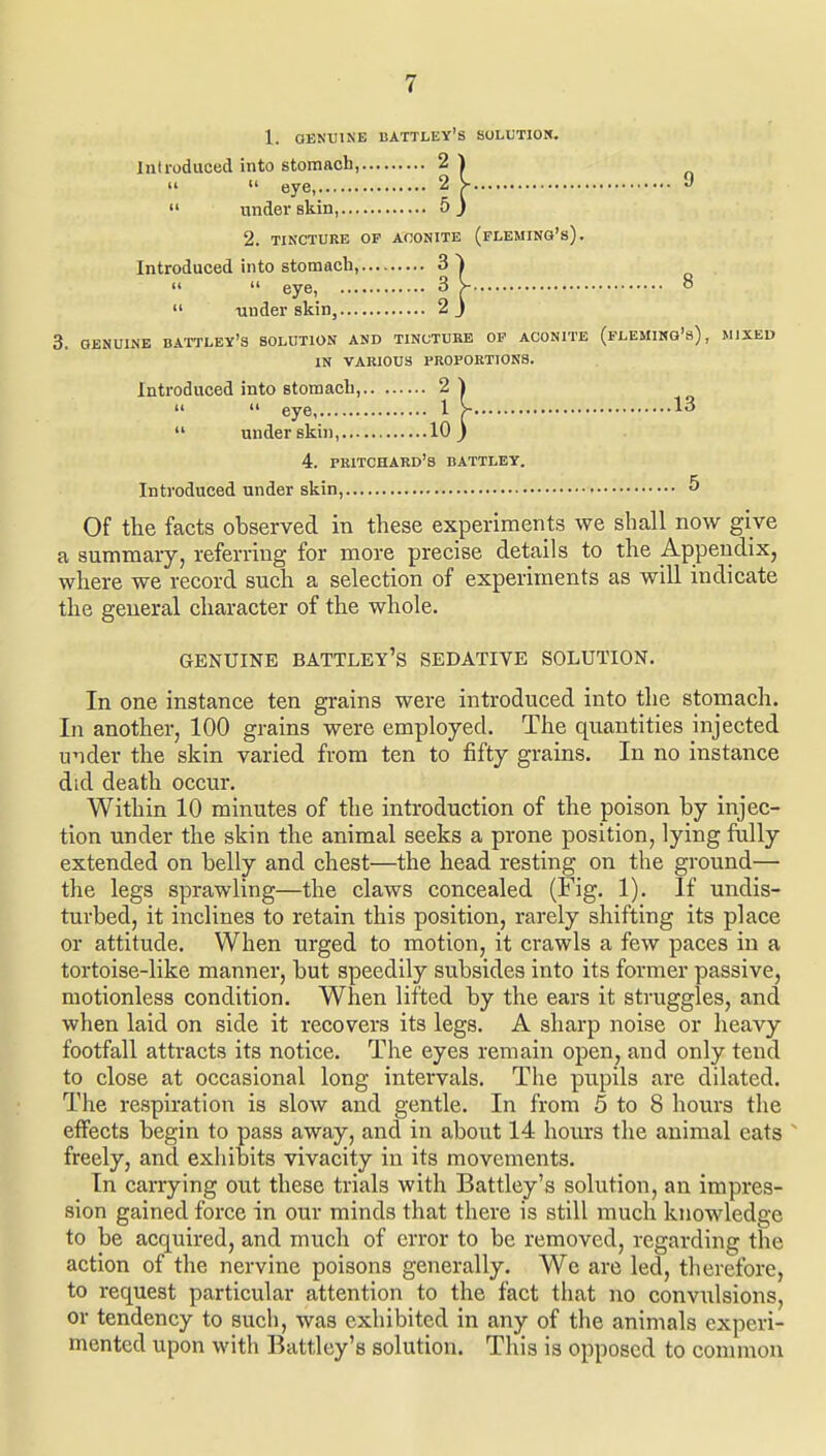 1. aENUlNE battley's solutiom. Introduced into stomach, 2   eye, 2  under skin, 5 2. TINCTURE OP AfiONITE (fLEMINQ's). Introduced into stomach, 3   eye, 3  under skin, 2 3, GENUINE DATTLEY'3 SOLUTION AND TINCTURE OP ACONITE (pLEMING's) , MIXED IN VARIOUS PROPORTIONS. Introduced into stomach, 2   eye, 1 >■ 13  under skin, 10 ) 4. pkitchard'3 battley. Introduced under skin, 5 Of the facts observed in these experiments we shall now give a summary, referring for more precise details to the Appendix, where we record such a selection of experiments as will indicate the general character of the whole. GENUINE battley's SEDATIVE SOLUTION. In one instance ten grains were introduced into the stomach. In another, 100 grains were employed. The quantities injected under the skin varied from ten to fifty grains. In no instance did death occur. Within 10 minutes of the introduction of the poison by injec- tion under the skin the animal seeks a prone position, lying fully extended on belly and chest—the head resting on the ground— the legs sprawling—the claws concealed (Fig. 1). If undis- turbed, it inclines to retain this position, rarely shifting its place or attitude. When urged to motion, it crawls a few paces in a tortoise-like manner, but speedily subsides into its former passive, motionless condition. When lifted by the ears it struggles, and when laid on side it recovers its legs. A sharp noise or heavy footfall attracts its notice. The eyes remain open, and only tend to close at occasional long intervals. The pupils are dilated. The respiration is slow and gentle. In from 5 to 8 hours the effects begin to pass away, and in about 14 hours the animal eats ' freely, and exhibits vivacity in its movements. In carrying out these trials with Battley's solution, an impres- sion gained force in our minds that there is still much knowledge to be acquired, and much of error to be removed, regarding the action of the nervine poisons generally. We are led, therefore, to request particular attention to the fact that no conviilsions, or tendency to such, was exhibited in any of the animals experi- mented upon with Battley's solution. This is opposed to common