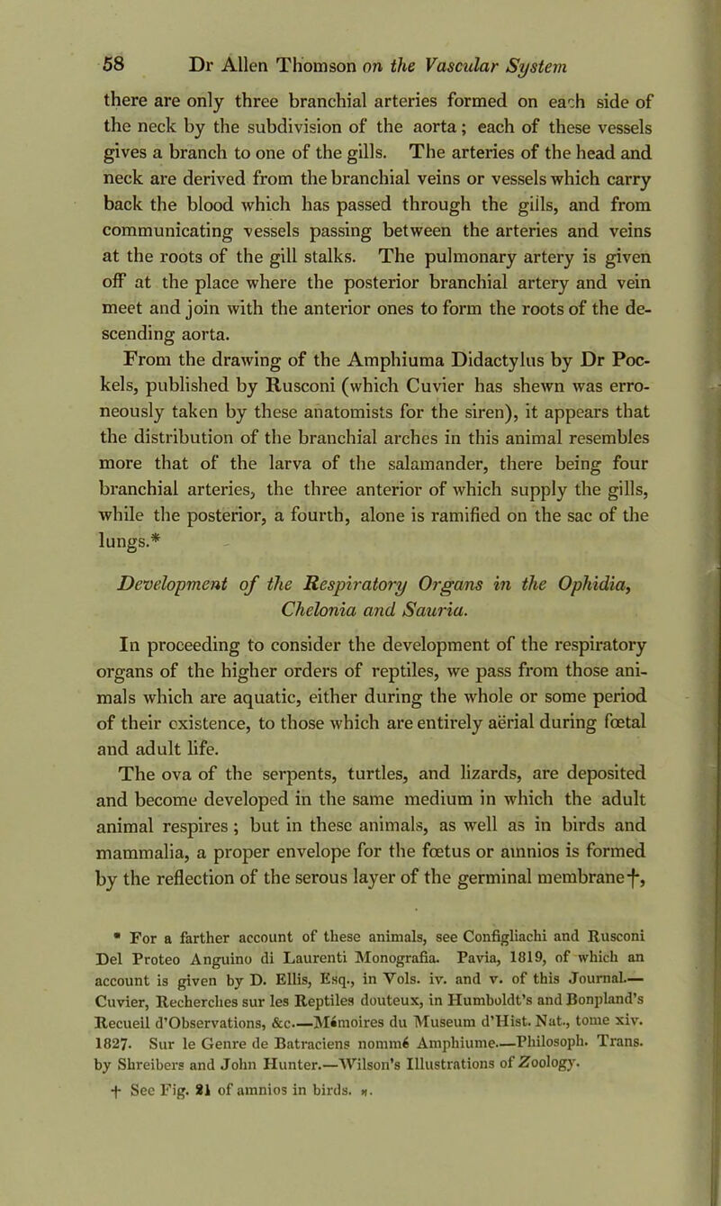 there are only three branchial arteries formed on each side of the neck by the subdivision of the aorta; each of these vessels gives a branch to one of the gills. The arteries of the head and neck are derived from the branchial veins or vessels which carry back the blood which has passed through the gills, and from communicating vessels passing between the arteries and veins at the roots of the gill stalks. The pulmonary artery is given off at the place where the posterior branchial artery and vein meet and join with the anterior ones to form the roots of the de- scending aorta. From the drawing of the Amphiuma Didactylus by Dr Poc- kels, published by Rusconi (which Cuvier has shetvn was erro- neously taken by these anatomists for the siren), it appears that the distribution of the branchial arches in this animal resembles more that of the larva of the salamander, there being four branchial arteries, the three anterior of which supply the gills, while the posterior, a fourth, alone is ramified on the sac of the lungs.* Development of the Respiratory Organs in the Ophidia, Chelonia and Sauria. In proceeding to consider the development of the respiratory organs of the higher orders of reptiles, we pass from those ani- mals which are aquatic, either during the whole or some period of their existence, to those which are entirely aerial during foetal and adult life. The ova of the serpents, turtles, and lizards, are deposited and become developed in the same medium in which the adult animal respires ; but in these animals, as well as in birds and mammalia, a proper envelope for the foetus or amnios is formed by the reflection of the serous layer of the germinal membrane-f*, * For a farther account of these animals, see Configliachi and Rusconi Del Proteo Anguino di Laurenti Monografia. Pavia, 1819, of which an account is given by D. Ellis, Esq., in Yols. iv. and v. of this Journal— Cuvier, Recherches sur les Reptiles douteux, in Humboldt’s and Bonpland’s Recueil d’Observations, &c.—M«moires du Museum d’Hist. Nat., tome xiv. 1827. Sur le Genre de Batraciens nommi Amphiume—Philosoph. Trans, by Shreibers and John Hunter.—Wilson’s Illustrations of Zoology. + See Fig. 21 of amnios in birds. *1.