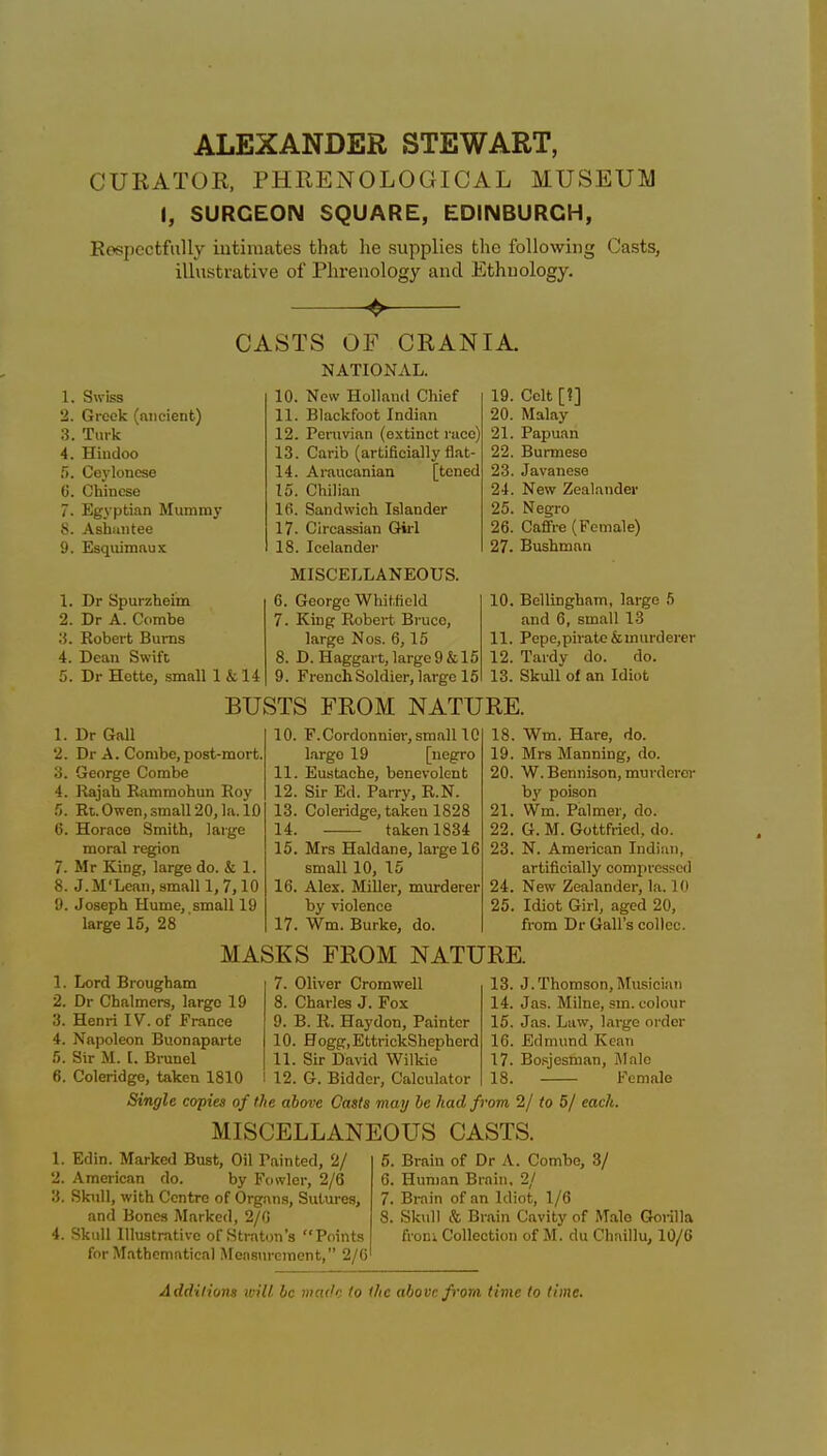 ALEXANDER STEWART, CURATOR, PHRENOLOGICAL MUSEUM I, SURGEON SQUARE, EDINBURGH, Kespcctfully intimates that he supplies the following Casts, illustrative of Phrenology and Ethnology. CASTS OF CRANIA. Swiss Greek (ancient) Turk Hindoo Ceylonese Chinese Egyptian Mummy Ashuntee Esquimaux Dr Spurzheim Dr A. Combe Robert Burns Dean Swift Dr Hette, small 1 &14 NATIONAL. 10. New Holland Chief 11. Blackfoot Indian 12. Peruvian (extinct race) 13. Carib (artificially flat- 14. Araucanian [tened 15. Chilian 16. Sandwich Islander 17. Circassian Girl 18. Icelander MISCELLANEOUS. 6. George Whitfield 7. King Robert Bruce, large Nos. 6,15 8. D. Haggart, large 9 & 15 9. French Soldier, largo 15 BUSTS FROM NATURE 19. •20, 21. 22 23 24 25 26 27. 10 Celt [?] Malay Papuan Burmese Javanese New Zealander Negro Caffre (Female) Bushman Bellingham, large 5 and 6, small 13 11. Pepe,piratc&murderer 12. Tardy do. do. 13. Skull of an Idiot 1. Dr Gall 2. Dr A. Combe,post-mort. 3. George Combe 4. Rajah Rammohun Roy 5. Rt. Owen, small 20, la. 10 (5. Horace Smith, large moral region 7. Mr King, large do. & 1. 8. J.M'Lean, small 1,7,10 9. Joseph Hume, small 19 large 15, 28 10. F.Cordonnier, small 10 largo 19 [negro 11. Eustache, benevolent 12. Sir Ed. Parry, R.N. 13. Coleridge, taken 1828 14. taken 1834 15. Mrs Haldane, large 16 small 10, 15 16. Alex. Miller, murderer by violence 17. Wm. Burke, do. 18. Wm. Hare, do. 19. Mrs Manning, do. 20. W.Bennison, murderer by poison 21. Wm. Palmer, do. 22. G. M. Gottfried, do. 23. N. American Indian, artificially compressed 24. New Zealander, la. 10 25. Idiot Girl, aged 20, from Dr Gall's collcc. MASKS FROM NATURE. 1. Lord Brougham 2. Dr Chalmers, largo 19 3. Henri IV. of France 4. Napoleon Buonaparte 5. Sir M. [. Brunei 6. Coleridge, taken 1810 7. Oliver Cromwell 8. Charles J. Fox 9. B. R. Haydon, Painter 10. Hogg.EttrickShepherd 11. Sir David Wilkie 12. G. Bidder, Calculator Single copies of the above Casts may be had from 2/ to 5/ each. MISCELLANEOUS CASTS. 13. J. Thomson, Musician 14. Jas. Milne, sm. colour 15. Jas. Law, large order 16. Edmund Kean 17. Bosjesman, Male 18. Female 1. Edin. Marked Bust, Oil Painted, 2/ 2. American do. by Fowler, 2/6 8. Skull, with Centre of Organs, Sutures, and Bones Marked, 2/0 4. Skull Illustrative of Straton's Points for Mathematical Measurement, 2/6 5. Brain of Dr A. Combe, 3/ 6. Human Brain. 2/ 7. Brain of an Idiot, 1/6 8. Skull & Brain Cavity of Male Gorilla from Collection of M. du Chaillu, 10/6 Additions will be made to the above from time to time.