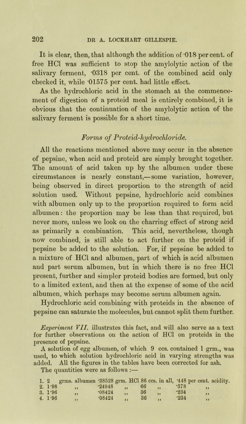 It is clear, then, that although the addition of *018 percent, of free HCl was sufficient to stop the amylolytic action of the salivary ferment, *0318 per cent, of the combined acid only checked it, while '01575 per cent, had little effect. As the hydrochloric acid in the stomach at the commence- ment of digestion of a proteid meal is entirely combined, it is obvious that the continuation of the amylolytic action of the salivary ferment is possible for a short time. Forms of Proteid-hydrochloride. All the reactions mentioned above may occur in the absence of pepsine, when acid aud proteid are simply brought together. The amount of acid taken up by the albumen under these circumstances is nearly constant,—some variation, however, being observed in direct proportion to the strength of acid solution used. Without pepsine, hydrochloric acid combines with albumen only up to the proportion required to form acid albumen: the proportion may be less than that required, but never more, unless we look on the charring effect of strong acid as primarily a combination. This acid, nevertheless, though now combined, is still able to act further on the proteid if pepsine be added to the solution. For, if pepsine be added to a mixture of HCl and albumen, part of which is acid albumen and part serum albumen, but in which there is no free HCl present, further and simpler proteid bodies are formed, but only to a limited extent, and then at the expense of some of the acid albumen, which perhaps may become serum albumen again. Hydrochloric acid combining with proteids in the absence of pepsine can saturate the molecules, but cannot split them further. Experiment VII. illustrates this fact, and will also serve as a text for further observations on the action of HCl on proteids in the presence of pepsine. A solution of egg albumen, of which 9 ccs. contained 1 grm., was used, to which solution hydrochloric acid in varying strengths was added. All the figures in the tables have been corrected for ash. The quantities were as follows :— 1. 2 grms. albumen '38528 grm. HCl 86 ccs. in all, '448 per cent, acidity. 2. 1-98 9 y •24948 n 66 •378 3. 1-96 9 } •08424 )) 36 )9 •234 4. 1-96 )) •08424 9 ) 36 99 •234