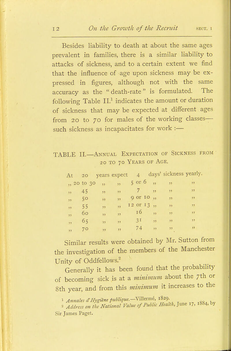 Besides liability to death at about the same ages prevalent in families, there is a similar liability to attacks of sickness, and to a certain extent we find that the influence of age upon sickness may be ex- pressed in figures, although not with the same accuracy as the death-rate is formulated. The following Table II.1 indicates the amount or duration of sickness that may be expected at different ages from 20 to 70 for males of the working classes- such sickness as incapacitates for work :— TABLE II.—Annual Expectation of Sickness from 20 to 70 Years of Age. At » » » )5 )> » 20 years expect 4 c 20 to 30 „ n 5 or 6 45 >> >> 7 50 >> „ 9 or 10 55 >) „ 12 or 13 60 )> )> 16 65 >) >) 3i 70 » )> 74 » » » Similar results were obtained by Mr. Sutton from the investigation of the members of the Manchester Unity of Oddfellows.2 Generally it has been found that the probability of becoming sick is at a minimum about the 7th or 8th year, and from this minimum it increases to the 1 Annales d'Hygihtt tublique.-Vmerme, 1829 ■ Address on the National Value 0/Public Health, June 17, 1884, by Sir James Paget.