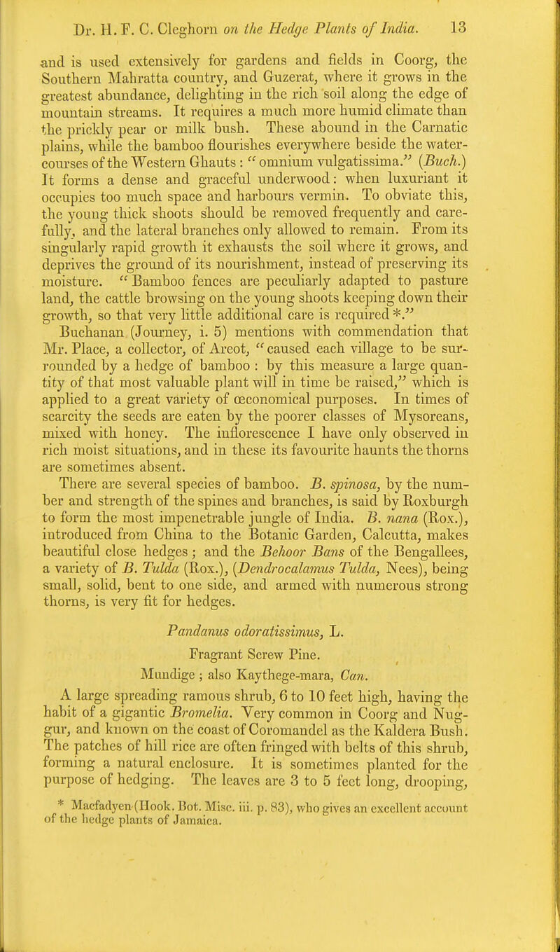 and is used extensively for gardens and fields in Coorg, the Southern Mahratta country, and Guzerat, where it grows in the greatest abundance, delighting in the rich soil along the edge of mountain streams. It requires a much more humid climate than the prickly pear or milk bush. These abound in the Carnatic plains, while the bamboo flourishes everywhere beside the water- courses of the Western Ghauts :  omnium vulgatissima. (Buck.) It forms a dense and graceful underwood: when luxuriant it occupies too much space and harbours vermin. To obviate this, the young thick shoots should be removed frequently and care- fully, and the lateral branches only allowed to remain. From its singularly rapid growth it exhausts the soil where it grows, and deprives the ground of its nourishment, instead of preserving its moisture.  Bamboo fences are peculiarly adapted to pasture land, the cattle browsing on the young shoots keeping down their growth, so that very little additional care is required Buchanan (Journey, i. 5) mentions with commendation that Mr. Place, a collector, of Areot,  caused each village to be sur- rounded by a hedge of bamboo : by this measure a large quan- tity of that most valuable plant will in time be raised, which is applied to a great variety of oeconomical purposes. In times of scarcity the seeds are eaten by the poorer classes of Mysoreans, mixed with honey. The inflorescence I have only observed in rich moist situations, and in these its favourite haunts the thorns are sometimes absent. There are several species of bamboo. B. sjnnosa, by the num- ber and strength of the spines and branches, is said by Roxburgh to form the most impenetrable jungle of India. B. nana (Box.), introduced from China to the Botanic Garden, Calcutta, makes beautiful close hedges ; and the Behoor Bans of the Bengallees, a variety of B. Tulda (Rox.), (Dendrocalamus Tulda, Nees), being small, solid, bent to one side, and armed with numerous strong thorns, is very fit for hedges. Pandanus odoratissimus, L. Fragrant Screw Pine. Muudige ; also Kaythege-mara, Can. A large spreading ramous shrub, 6 to 10 feet high, having the habit of a gigantic Bromelia. Very common in Coorg and Nug- gur, and known on the coast of Coromandel as the Kaldera Bush. The patches of hill rice are often fringed with belts of this shrub, forming a natural enclosure. It is sometimes planted for the purpose of hedging. The leaves are 3 to 5 feet long, drooping, * Macfadyen (IIook. Bot. Misc. iii. p. 83), who gives an excellent account of the hedge plants of Jamaica.