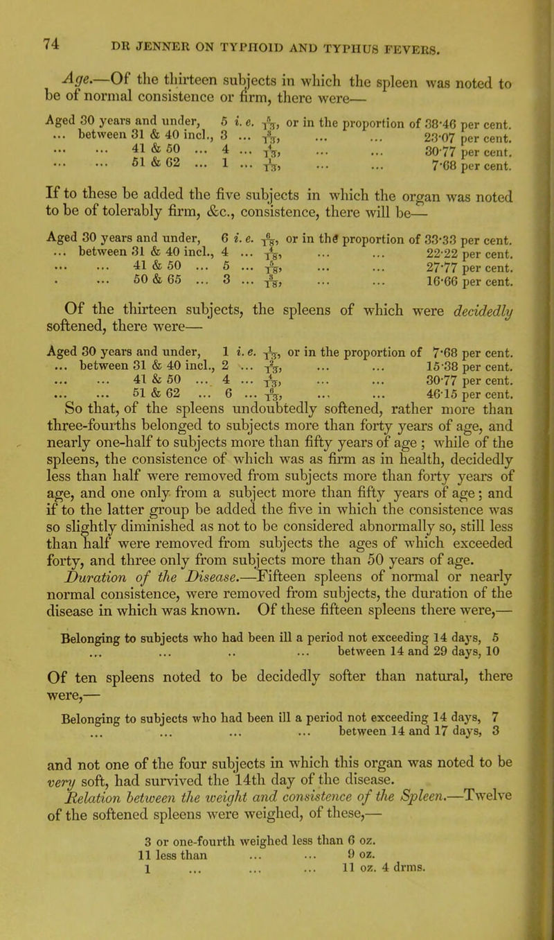 Age.—Of the thirteen subjects in which the spleen was noted to be of normal consistence or firm, there were— Aged 30 years and under, 6 i. e. or in the proportion of per cent ... between 31 & 40 incl., 3 ... 2.'3-07 per cent. 41&60 ... 4 ... 30-77 per cent. 61 & G2 ... 1 ... f^, ... ... 7-68 per cent. If to these be added the five subjects in which the organ was noted to be of tolerably firm, &c., consistence, there will be— Aged 30 years and under, 6 i. e. or in the proportion of 33-33 per cent. ... between 31 & 40 incl., 4 ... j% ... ... 22-22 per cent. 41&50 ... 5 ... ^, 27-77 per cent. 60&65 ... 3 ... -j^, ... ... 16-66 per cent. Of the thirteen subjects, the spleens of which were decidedly softened, there were— Aged 30 years and under, 1 i. e. or in the proportion of 768 per cent. ... between 31 & 40 incl., 2 ... ... ... 15-38 per cent. 41 & 60 ... 4 ... yV, ... ... 30-77 per cent. 51dz;62 ... 6 ... ... ... 46-15 per cent. So that, of the spleens undoubtedly softened, rather more than three-fourths belonged to subjects more than forty years of age, and nearly one-half to subjects more than fifty years of age ; while of the spleens, the consistence of which was as firm as in health, decidedly less than half were removed from subjects more than forty years of age, and one only from a subject more than fifty years of age; and if to the latter group be added the five in which the consistence was so slightly diminished as not to be considered abnormally so, still less than half were removed from subjects the ages of which exceeded forty, and three only from subjects more than 50 years of age. Duration of the Disease.—Fifteen spleens of normal or nearly normal consistence, were removed from subjects, the duration of the disease in which was known. Of these fifteen spleens there were,— Belonging to subjects who had been ill a period not exceeding 14 days, 6 between 14 and 29 days, 10 Of ten spleens noted to be decidedly softer than natural, there were,— Belonging to subjects who had been ill a period not exceeding 14 days, 7 between 14 and 17 days, 3 and not one of the four subjects in which this organ was noted to be very soft, had survived the 14th day of the disease. Relation between the weight and consistence of the Spleen.—Twelve of the softened spleens were weighed, of these,— 3 or one-fourth weighed less than 6 oz. 11 less than ... ... 9 oz. 1 ... ... ... 11 oz. 4 drms.