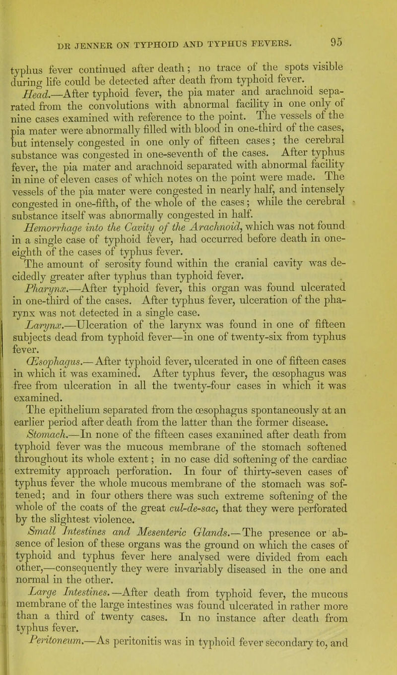 typhus fever continued after death ; no trace of tlie spots visible during Hfe could be detected after death from typhoid fever, Head.—MiQv typhoid fever, the pia mater and arachnoid sepa- rated from the convolutions with abnormal facility in one only of nine cases examined with reference to the point. The vessels of the pia mater were abnormally filled with blood in one-third of the cases, but intensely congested in one only of fifteen cases; the cerebral substance was congested in one-seventh of the cases. After typhus fever, the pia mater and arachnoid separated with abnonnal facility in nine of eleven cases of which notes on the point were made. The vessels of the pia mater were congested in nearly half, and intensely congested in one-fifth, of the whole of the cases; while the cerebral substance itself was alinormally congested in half. Hemorrhage into the Cavity of the Arachnoid, which was not found in a single case of typhoid fever, had occurred before death in one- eighth of the cases of typhus fever. The amount of serosity found within the cranial caAdty was de- cidedly greater after typhus than typhoid fever. Pharynx.—After typhoid fever, this organ was found ulcerated in one-thfrd of the cases. After typhus fever, ulceration of the pha- rynx was not detected in a single case. Larynx.—Ulceration of the larynx was found in one of fifteen subjects dead from typhoid fever—in one of twenty-six fr'om typhus fever. (Esophagus.—After typhoid fever, ulcerated in one of fifteen cases in which it was examined. After typhus fever, the oesophagus was -free from ulceration in all the twenty-four cases in which it was examined. The epithelium separated from the oesophagus spontaneously at an earlier period after death from the latter than the former disease. Stomach.—In none of the fifteen cases examined after death from typhoid fever was the mucous membrane of the stomach softened throughout its whole extent; in no case did softening of the cardiac extremity approach perforation. In four of thirty-seven cases of typhus fever the whole mucous membrane of the stomach was sof- tened; and in four others there was such extreme softening of the whole of the coats of the great cul-de-sac, that they were perforated by the slightest violence. Small Intestines and Mesenteric Glands.—The presence or ab- sence of lesion of these organs was the gi'ound on which the cases of typhoid and typhus fever here analysed were divided fi'om each other,—consequently they were invaiiably diseased in the one and normal in the other. Large Intestines.—AStQv death from typhoid fever, the mucous membrane of the large intestines was found ulcerated in rather more than a third of twenty cases. In no instance after death from typhus fever. Peritoneum.—As peritonitis was in typhoid fever secondary to, and