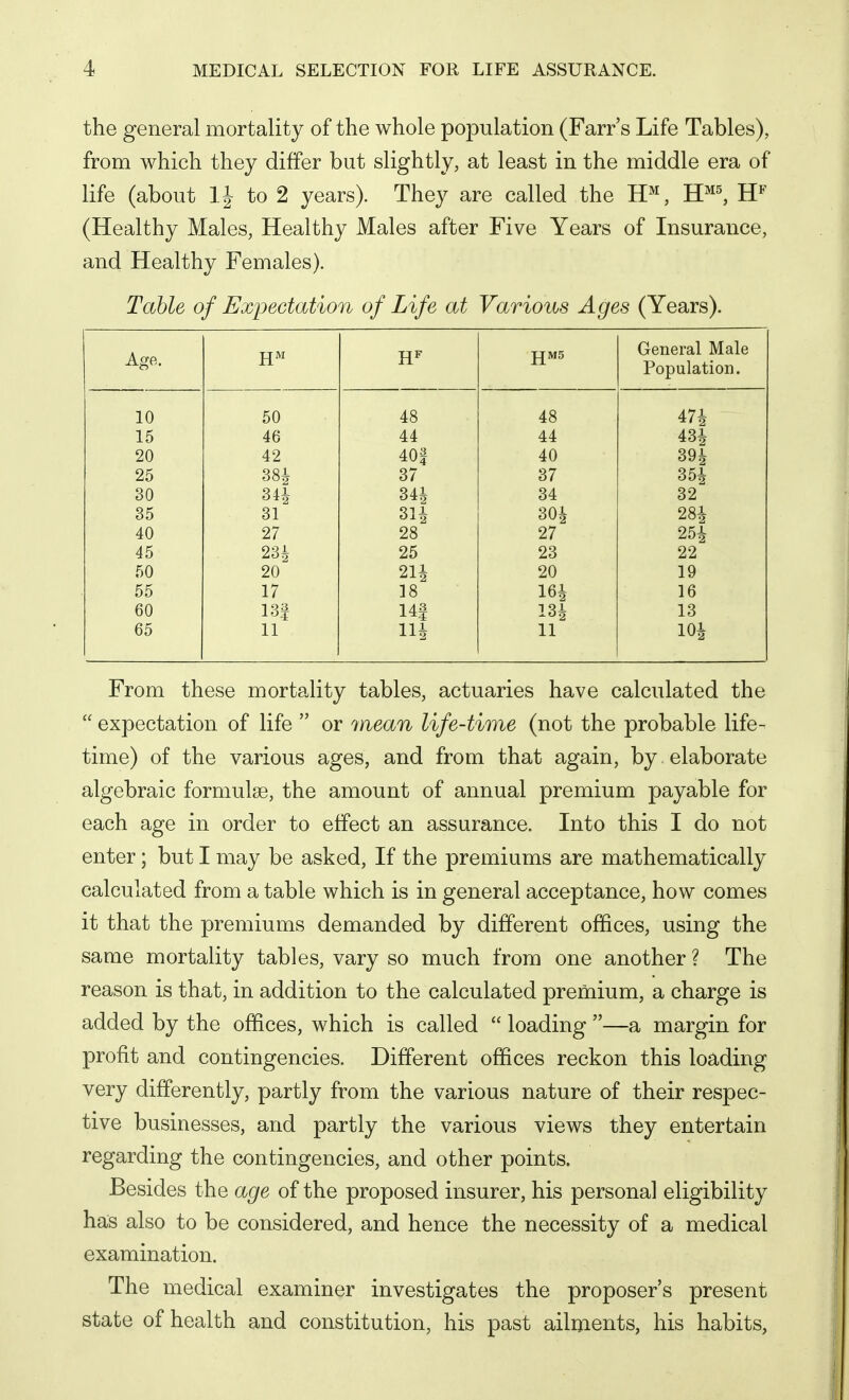 the general mortality of the whole population (Farr's Life Tables), from which they differ but slightly, at least in the middle era of life (about IJ to 2 years). They are called the H^, (Healthy Males, Healthy Males after Five Years of Insurance, and Healthy Females). Table of Expectation of Life at Various Ages (Years). Age. HM5 General Male Population. 10 50 48 48 474 15 46 44 44 434 20 42 40| 40 394 354 25 381 37 37 30 34i 344 34 32 35 31 314 304 284 40 27 28 27 254 45 23i 25 23 22 50 20 214 20 19 55 17 18 164 16 60 m 14| 134 13 65 11 lU 11 104 From these mortality tables, actuaries have calculated the  expectation of life  or mean life-time (not the probable life- time) of the various ages, and from that again, by elaborate algebraic formulae, the amount of annual premium payable for each age in order to effect an assurance. Into this I do not enter; but I may be asked, If the premiums are mathematically calculated from a table which is in general acceptance, how comes it that the premiums demanded by different offices, using the same mortality tables, vary so much from one another ? The reason is that, in addition to the calculated premium, a charge is added by the offices, which is called  loading —a margin for profit and contingencies. Different offices reckon this loading very differently, partly from the various nature of their respec- tive businesses, and partly the various views they entertain regarding the contingencies, and other points. Besides the age of the proposed insurer, his personal eligibility has also to be considered, and hence the necessity of a medical examination. The medical examiner investigates the proposer's present state of health and constitution, his past ailments, his habits,