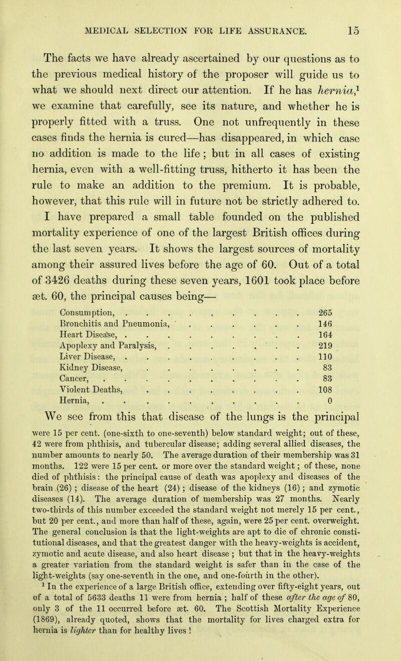 The facts we have already ascertained by our questions as to the previous medical history of the proposer will guide us to what we should next direct our attention. If he has hernia} we examine that carefully, see its nature, and whether he is properly fitted with a truss. One not unfrequently in these cases finds the hernia is cured—has disappeared, in which case no addition is made to the life; but in all cases of existing hernia, even with a well-fitting truss, hitherto it has been the rule to make an addition to the premium. It is probable, however, that this rule will in future not be strictly adhered to. I have prepared a small table founded on the published mortality experience of one of the largest British offices during the last seven years. It shows the largest sources of mortality among their assured lives before the age of 60. Out of a total of 3426 deaths during these seven years, 1601 took place before aet. 60, the principal causes being— Consumption, ......... 265 Bronchitis and Pneumonica, ' 146 Heart Disease, . . . . . . . . . 164 Apoplexy and Paralysis, . . . . .  . . 219 Liver Disease, ......... 110 Kidney Disease, ........ 83 Cancer, .......... 83 Violent Deaths, 108 Hernia, .......... 0 We see from this that disease of the lungs is the principal were 15 per cent, (one-sixth to one-seventh) below standard weight; out of these, 42 were from phthisis, and tubercular disease; adding several allied diseases, the number amounts to nearly 50. The average duration of their membership was 31 months. 122 were 15 per cent, or more over the standard weight; of these, none died of phthisis: the principal cause of death was apoplexy and diseases of the brain (26) ; disease of the heart (24) ; disease of the kidneys (16); and zymotic diseases (14), The average duration of membership was 27 months. Nearly two-thirds of this number exceeded the standard weight not merely 15 per cent., but 20 per cent., and more than half of these, again, were 25 per cent, overweight. The general conclusion is that the light-weights are apt to die of chronic consti- tutional diseases, and that the greatest danger with the heavy-weights is accident, zymotic and acute disease, and also heart disease ; but that in the heavy-weights a greater variation from the standard weight is safer than in the case of the light-weights (say one-seventh in the one, and one-foiirth in the other). ^ In the experience of a large British office, extending over fifty-eight years, out of a total of 5633 deaths 11 were from hernia ; half of these after the age of SO, only 3 of the 11 occurred before set. 60. The Scottish Mortality Experience (1869), already quoted, shows that the mortality for lives charged extra for hernia is lighter than for healthy lives ! .