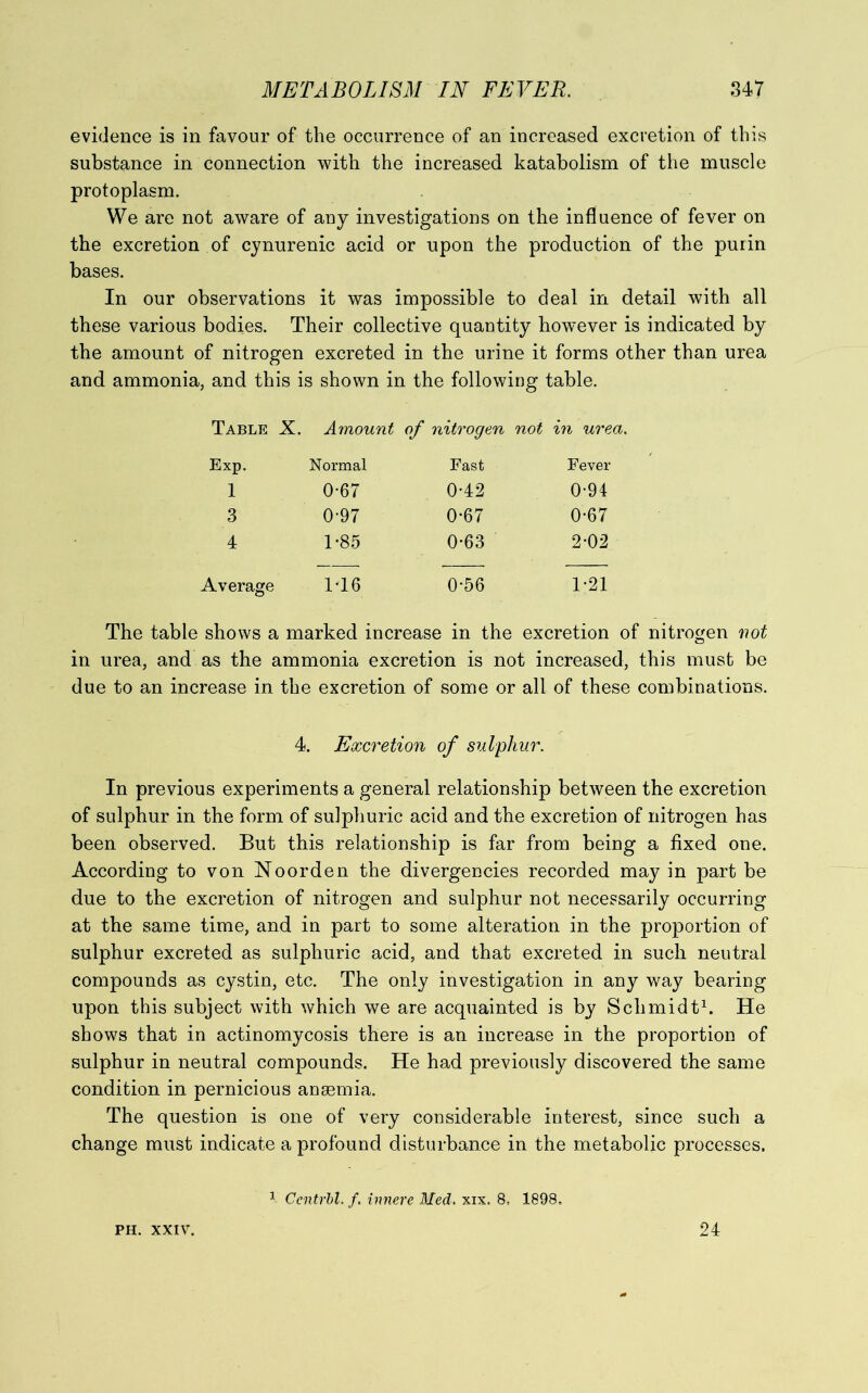 evidence is in favour of the occurrence of an increased excretion of this substance in connection with the increased katabolism of the muscle protoplasm. We are not aware of any investigations on the influence of fever on the excretion of cynurenic acid or upon the production of the purin bases. In our observations it was impossible to deal in detail with all these various bodies. Their collective quantity however is indicated by the amount of nitrogen excreted in the urine it forms other than urea and ammonia, and this is shown in the following table. Table X. Amount of nitrogen not in urea. Exp. Normal Fast Fever 1 0-67 0-42 0-94 3 0-97 0-67 0-67 4 1-85 0-63 2-02 Average 1-16 0-56 1:21 The table shows a marked increase in the excretion of nitrogen not in urea, and as the ammonia excretion is not increased, this must be due to an increase in the excretion of some or all of these combinations. 4. Excretion of sulphur. In previous experiments a general relationship between the excretion of sulphur in the form of sulphuric acid and the excretion of nitrogen has been observed. But this relationship is far from being a fixed one. According to von Noorden the divergencies recorded may in part be due to the excretion of nitrogen and sulphur not necessarily occurring at the same time, and in part to some alteration in the proportion of sulphur excreted as sulphuric acid, and that excreted in such neutral compounds as cystin, etc. The only investigation in any way bearing upon this subject with which we are acquainted is by Schmidt1. He shows that in actinomycosis there is an increase in the proportion of sulphur in neutral compounds. He had previously discovered the same condition in pernicious anaemia. The question is one of very considerable interest, since such a change must indicate a profound disturbance in the metabolic processes. PH. XXIV. 1 Ccntrbl. f. innere Med. xix. 8, 1898. 24