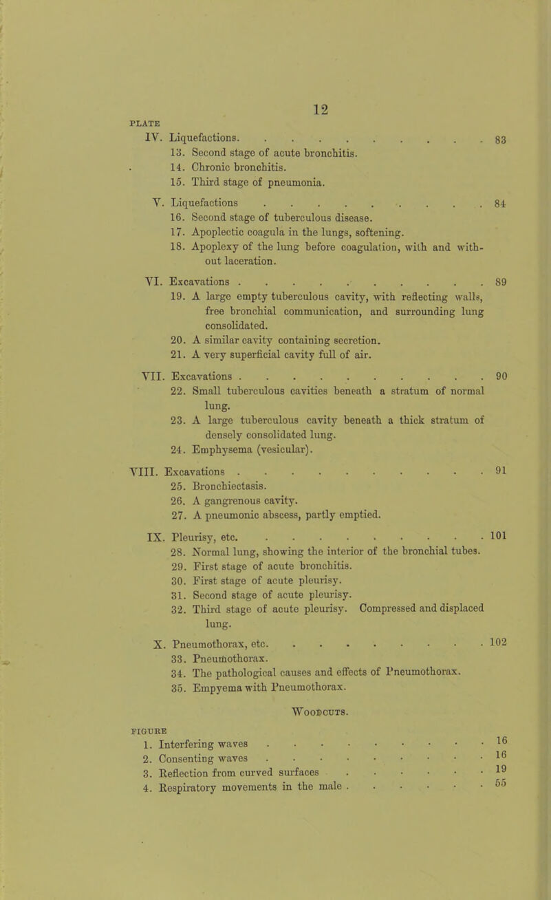 PLATE IV. Liquefactions. . 83 Second stage of acute bronchitis. 14. Chronic bronchitis. 15. Third stage of pneumonia. V. Liquefactions 84 16. Second stage of tuberculous disease. 17. Apoplectic coagula in the lungs, softening. 18. Apoplexy of the lung before coagulation, with and with- out laceration. VI. Excavations 89 19. A large empty tuberculous cavity, with reflecting walls, free bronchial communication, and surrounding lung consolidated. 20. A similar cavity containing secretion. 21. A very superficial cavity full of air. VII. Excavations 90 22. Small tuberculous cavities beneath a stratum of normal lung. 23. A large tuberculous cavity beneath a thick stratum of densely consolidated lung. 24. Emphysema (vesicular). VIII. Excavations 91 25. Bronchiectasis. 26. A gangi-enous cavity. 27. A pneumonic abscess, partly emptied. IX. Pleurisy, etc 101 28. Normal lung, showing the interior of the bronchial tubes. 29. First stage of acute bronchitis. 30. First stage of acute pleurisy. 31. Second stage of acute pleurisy. 32. Third stage of acute pleurisy. Compressed and displaced lung. X. Pneumothorax, etc 102 33. Pneumothorax. 34. The pathological causes and effects of Pneumothorax. 35. Empyema with Pneumothorax. WOOBCUTS. FIGURE 1. Interfering waves 1^ 2. Consenting waves 1^ 3. Eeflcction from curved surfaces 1^ 4. Respiratory movements in the male ^5