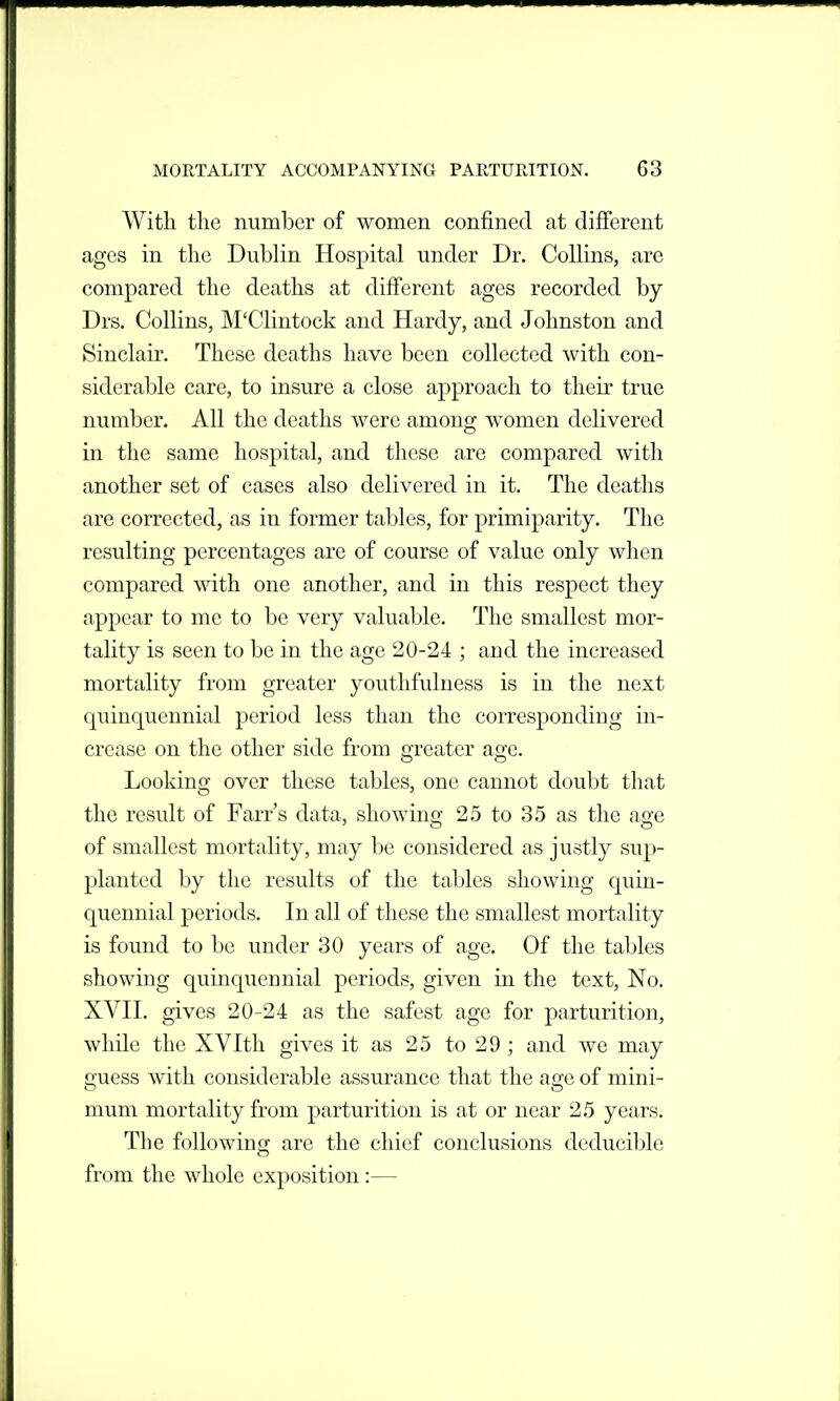 With the number of women confined at different ages in the Dublin Hospital under Dr. Collins, are compared the deaths at different ages recorded by Drs. Collins, M'Clintock and Hardy, and Johnston and Sinclair. These deaths have been collected with con- siderable care, to insure a close approach to their true number. All the deaths were among women delivered in the same hospital, and these are compared with another set of cases also delivered in it. The deaths are corrected, as in former tables, for primiparity. The resulting percentages are of course of value only when compared with one another, and in this respect they appear to me to be very valuable. The smallest mor- tality is seen to be in the age 20-24 ; and the increased mortality from greater youthfulness is in the next quinquennial period less than the corresponding in- crease on the other side from greater age. Looking over these tables, one cannot doubt that the result of Farr's data, showing 25 to 35 as the age of smallest mortality, may be considered as justly sup- planted by the results of the tables showing quin- quennial periods. In all of these the smallest mortality is found to be under 30 years of age. Of the tables showing quinquennial periods, given in the text, No. XVn. gives 20-24 as the safest age for parturition, while the XVIth gives it as 25 to 29 ; and we may guess with considerable assurance that the age of mini- mum mortality from parturition is at or near 25 years. The following are the chief conclusions deducible from the whole exposition:—