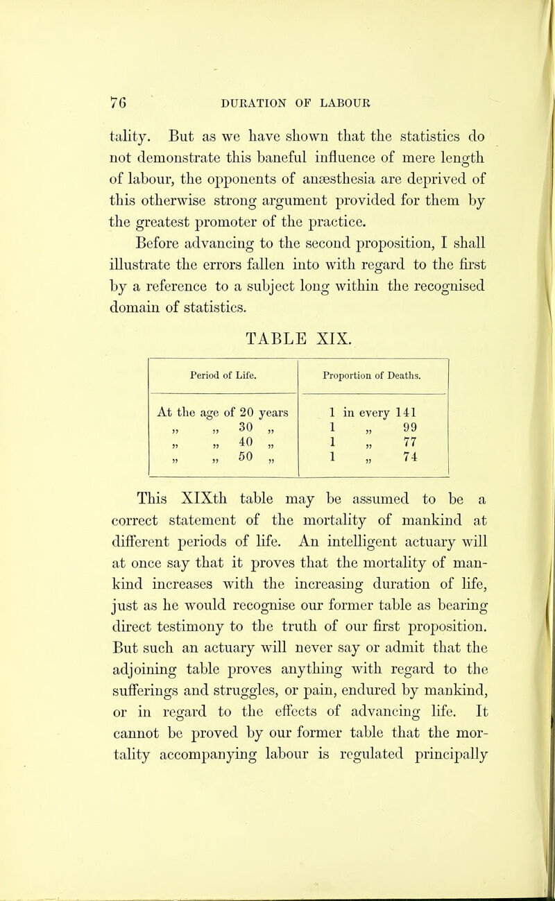 tality. But as we have shown that the statistics do not demonstrate this baneful influence of mere lens^th of labour, the opponents of anaesthesia are deprived of this otherwise strong argument provided for them by the greatest promoter of the practice. Before advancing to the second proposition, I shall illustrate the errors fallen into with regard to the first by a reference to a subject long within the recognised domain of statistics. TABLE XIX. Period of Life. Proportion of Deaths. At the age of 20 years )j )> 30 ,, 40 J) )) SO )) 1 in every 141 1 „ 99 1 „ 77 1 „ 74 This XlXth table may be assumed to be a correct statement of the mortality of mankind at different periods of life. An intelligent actuary will at once say that it proves that the mortality of man- kind increases with the increasing duration of life, just as he would recognise our former table as bearing direct testimony to the truth of our first proposition. But such an actuary will never say or admit that the adjoining table proves anything with regard to the sufierings and struggles, or pain, endured by mankind, or in regard to the eifects of advancing life. It cannot be j)roved by our former table that the mor- tality accompanying labour is regulated principally