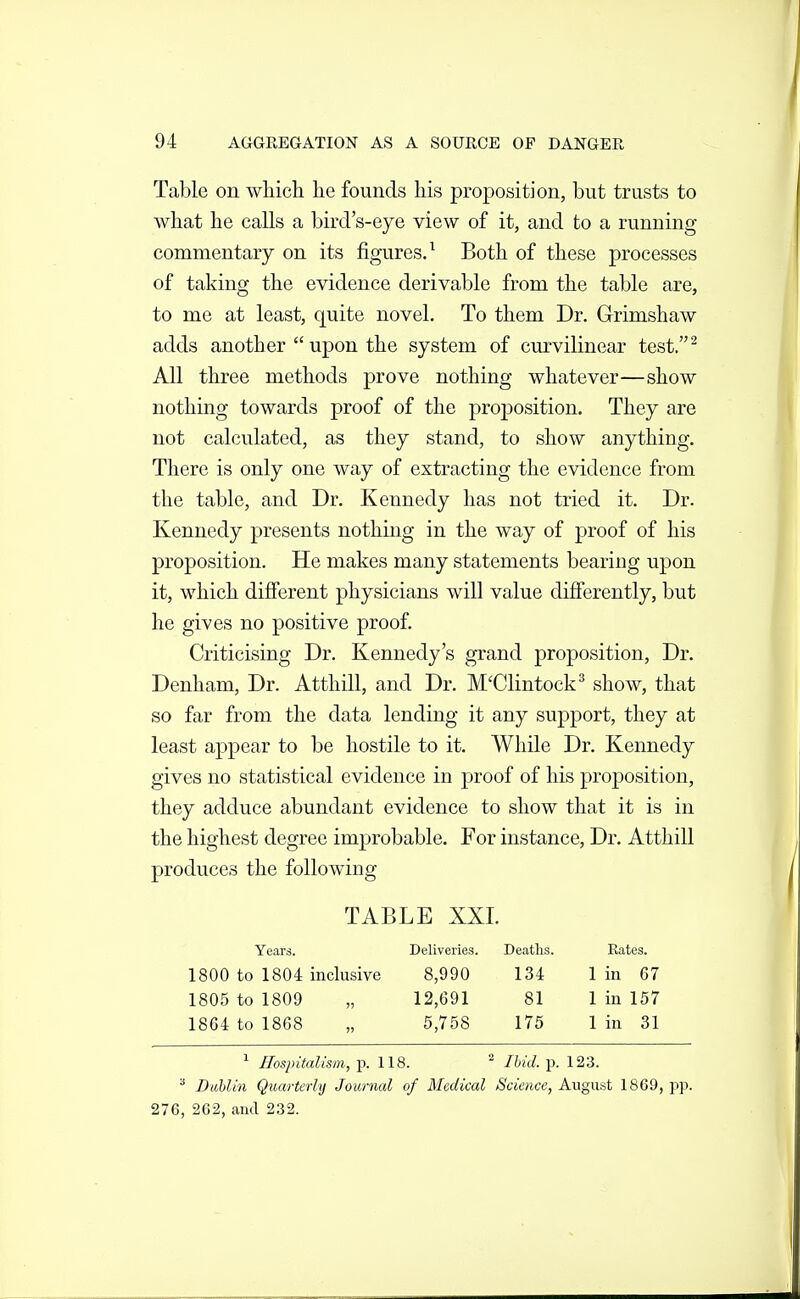 Table on which he founds his proposition, but trusts to what he calls a bird's-eye view of it, and to a running commentary on its figures.^ Both of these processes of taking the evidence derivable from the table are, to me at least, quite novel. To them Dr. Grimshaw adds another  upon the system of curvilinear test.^ All three methods prove nothing whatever—show nothing towards proof of the projjosition. They are not calculated, as they stand, to show anything. There is only one way of extracting the evidence from the table, and Dr. Kennedy has not tried it. Dr. Kennedy presents nothing in the way of proof of his proposition. He makes many statements beariug upon it, which different physicians will value differently, but he gives no positive proof. Criticising Dr. Kennedy's grand proposition. Dr. Denham, Dr. Atthill, and Dr. M'Clintock^ show, that so far from the data lending it any support, they at least appear to be hostile to it. While Dr. Kennedy gives no statistical evidence in proof of his proposition, they adduce abundant evidence to show that it is in the highest degree improbable. For instance. Dr. Atthill produces the following TABLE XXI. Years. 1800 to 1804 inclusive 1805 to 1809 1864 to 1868 Deliveries. Deaths. Rates. 8,990 134 1 in 67 12,691 81 1 in 157 5,758 175 1 in 31 ^ Hospitalism, p. 118. ^ Ihid. p. 123. ^ Dahlin Quarterly Journal of Medical Science, August 1869, j^p. 276, 262, aud 232.