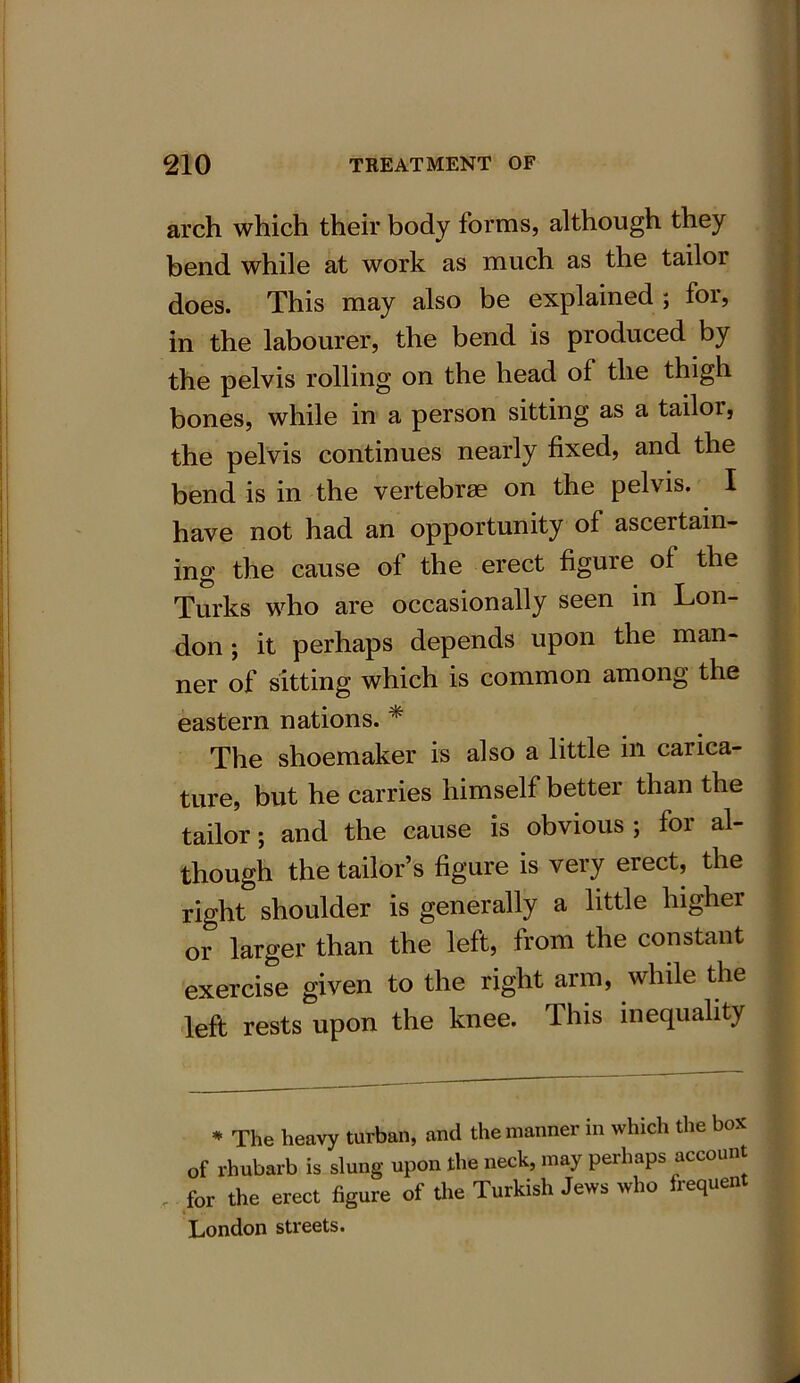 arch which their body forms, although they bend while at work as much as the tailor does. This may also be explained ; for, in the labourer, the bend is produced by the pelvis rolling on the head ol the thigh bones, while in a person sitting as a tailoi, the pelvis continues nearly fixed, and the bend is in the vertebrae on the pelvis. I have not had an opportunity of ascertain- ing the cause of the erect figure of the Turks who are occasionally seen in Lon- don ; it perhaps depends upon the man- ner of sitting which is common among the eastern nations. * The shoemaker is also a little in carica- ture, but he carries himself bettei than the tailor; and the cause is obvious; for al- though the tailor’s figure is very erect, the right shoulder is generally a little highei or larger than the left, from the constant exercise given to the right arm, while the left rests upon the knee. This inequality * The heavy turban, and the manner in which the box of rhubarb is slung upon the neck, may perhaps account , for the erect figure of the Turkish Jews who frequent London streets.