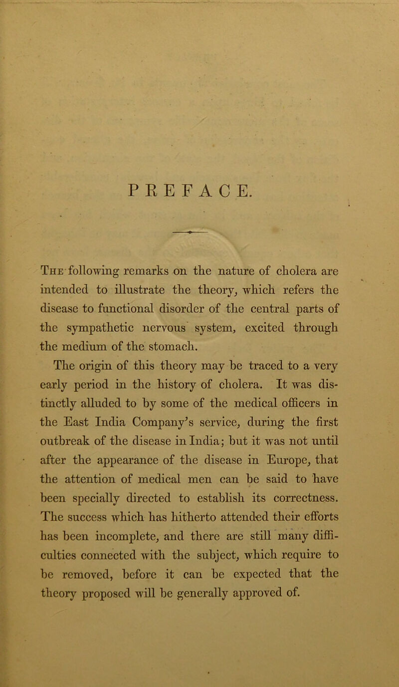 PREFACE. The following remarks on the nature of cholera are intended to illustrate the theory, which refers the disease to functional disorder of the central parts of the sympathetic nervous system, excited through the medium of the stomach. The origin of this theory may he traced to a very early period in the history of cholera. It was dis- tinctly alluded to by some of the medical officers in the East India Company’s service, during the first outbreak of the disease in India; but it was not until after the appearance of the disease in Europe, that the attention of medical men can be said to have been specially directed to establish its correctness. The success which has hitherto attended their efforts has been incomplete, and there are still many diffi- culties connected with the subject, which require to be removed, before it can be expected that the theory proposed will be generally approved of.