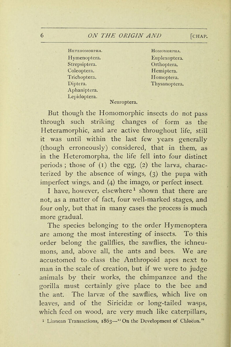 Heteromorpha. HOMOMORPHA. Hymenoptera. Strepsiptera, Coleoptera. Trichoptera, Diptera. Thysanoptera. Orthoptera. Hemiptera. Homopteia. Euplexoptera. Aphaniptera. Lepidoptera. Neuroptera. But though the Homomorphic insects do not pass through such striking changes of form as the Heteramorphic, and are active throughout life, still it was until within the last few years generally (though erroneously) considered, that in them, as in the Heteromorpha, the life fell into four distinct periods ; those of (i) the egg, (2) the larva, charac- terized by the absence of wings, (3) the pupa with imperfect wings, and (4) the imago, or perfect insect I have, however, elsewhere ^ shown that there are not, as a matter of fact, four well-marked stages, and four only, but that in many cases the process is much more gradual. The species belonging to the order Hymenoptera are among the most interesting of insects. To this order belong the gallflies, the sawflies, the ichneu- mons, and, above all, the ants and bees. We are accustomed to class the Anthropoid apes next to man in the scale of creation, but if we were to judge animals by their works, the chimpanzee and the gorilla must certainly give place to the bee and the ant. The larvae of the sawflies, which live on leaves, and of the Siricidse or long-tailed wasps, which feed on wood, are very much like caterpillars, i Linnean Transactions, 1863—On the Development of Chloeon.