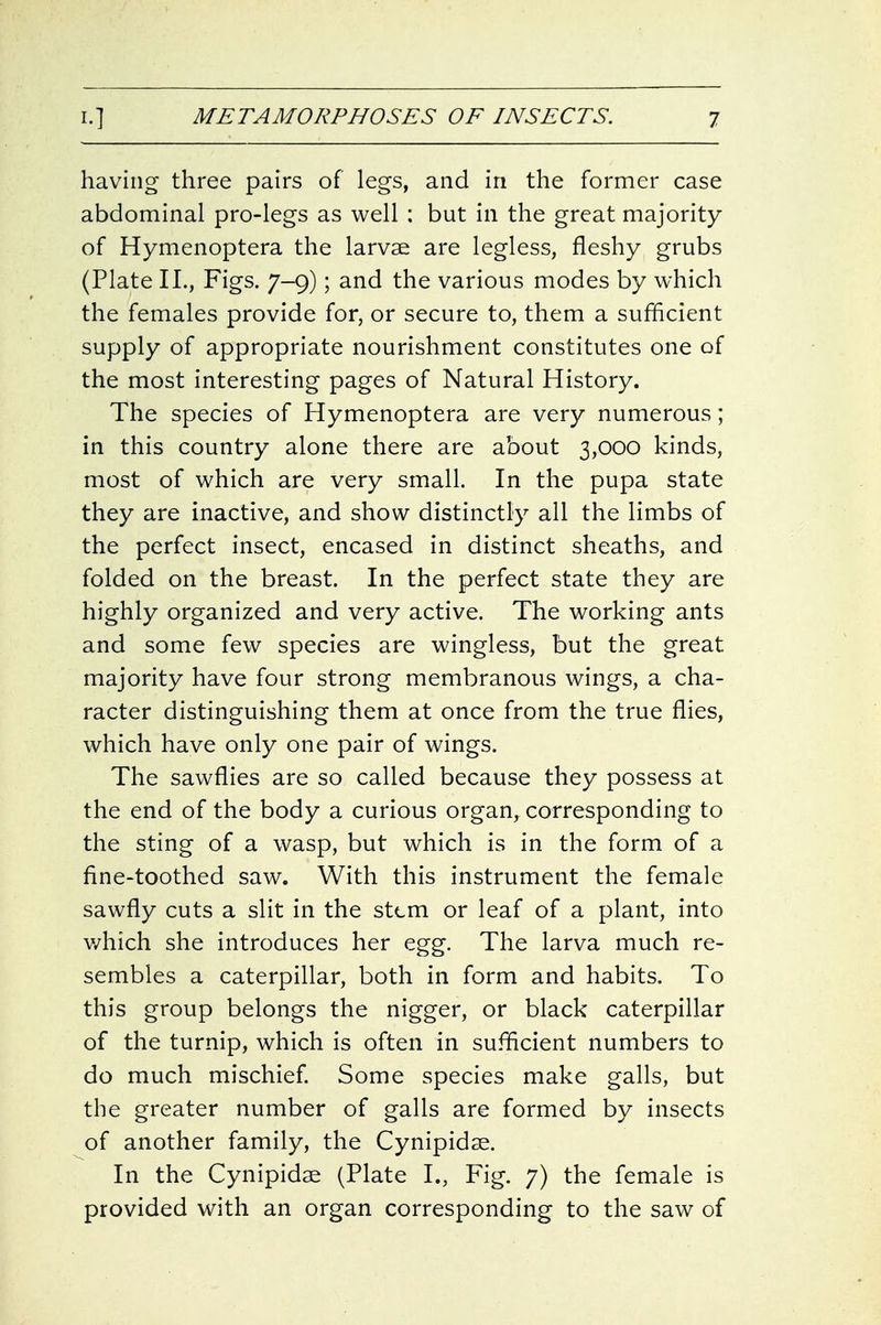 having three pairs of legs, and in the former case abdominal pro-legs as well : but in the great majority of Hymenoptera the larvae are legless, fleshy grubs (Plate II., Figs. 7-9); and the various modes by which the females provide for, or secure to, them a sufficient supply of appropriate nourishment constitutes one of the most interesting pages of Natural History. The species of Hymenoptera are very numerous; in this country alone there are about 3,000 kinds, most of which are very small. In the pupa state they are inactive, and show distinctly all the limbs of the perfect insect, encased in distinct sheaths, and folded on the breast. In the perfect state they are highly organized and very active. The working ants and some few species are wingless, but the great majority have four strong membranous wings, a cha- racter distinguishing them at once from the true flies, which have only one pair of wings. The sawflies are so called because they possess at the end of the body a curious organ, corresponding to the sting of a wasp, but which is in the form of a fine-toothed saw. With this instrument the female sawfly cuts a slit in the stem or leaf of a plant, into v/hich she introduces her egg. The larva much re- sembles a caterpillar, both in form and habits. To this group belongs the nigger, or black caterpillar of the turnip, which is often in sufficient numbers to do much mischief. Some species make galls, but the greater number of galls are formed by insects of another family, the Cynipidse. In the Cynipidse (Plate I., Fig. 7) the female is provided with an organ corresponding to the saw of