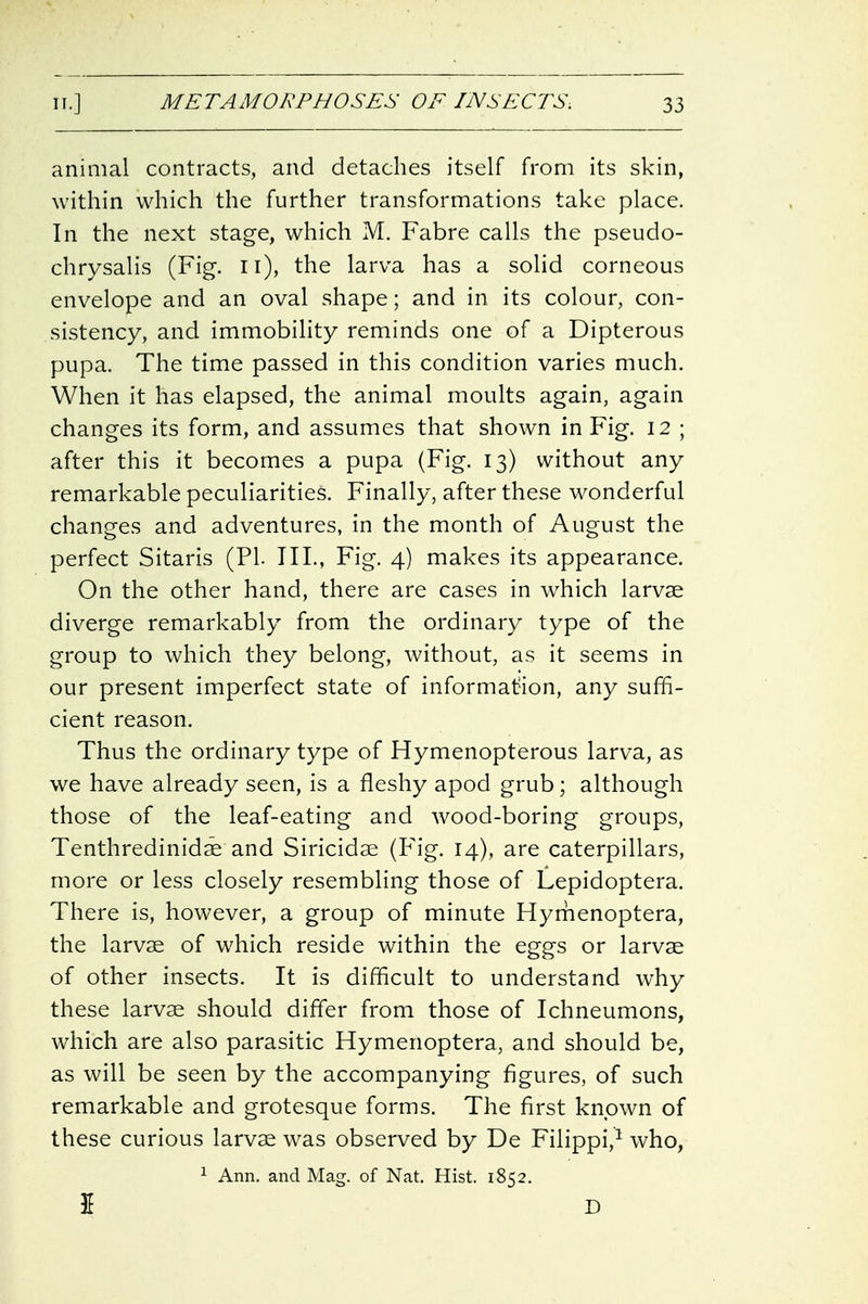 animal contracts, and detaches itself from its skin, within which the further transformations take place. In the next stage, which M. Fabre calls the pseudo- chrysalis (Fig. 11), the larva has a soHd corneous envelope and an oval shape; and in its colour, con- sistency, and immobility reminds one of a Dipterous pupa. The time passed in this condition varies much. When it has elapsed, the animal moults again, again changes its form, and assumes that shown in Fig. 12 ; after this it becomes a pupa (Fig. 13) without any remarkable peculiarities. Finally, after these wonderful changes and adventures, in the month of August the perfect Sitaris (PI. III., Fig. 4) makes its appearance. On the other hand, there are cases in which larvae diverge remarkably from the ordinary type of the group to which they belong, without, as it seems in our present imperfect state of information, any suffi- cient reason. Thus the ordinary type of Hymenopterous larva, as we have already seen, is a fleshy apod grub; although those of the leaf-eating and wood-boring groups, Tenthredinidae and Siricidse (Fig. 14), are caterpillars, more or less closely resembling those of Lepidoptera. There is, however, a group of minute Hyrhenoptera, the larvae of which reside within the eggs or larvae of other insects. It is difficult to understand why these larvae should differ from those of Ichneumons, which are also parasitic Hymenoptera, and should be, as will be seen by the accompanying figures, of such remarkable and grotesque forms. The first known of these curious larvae was observed by De Filippi,^ who, 1 Ann. and Mag. of Nat. Hist. 1852. 5 D