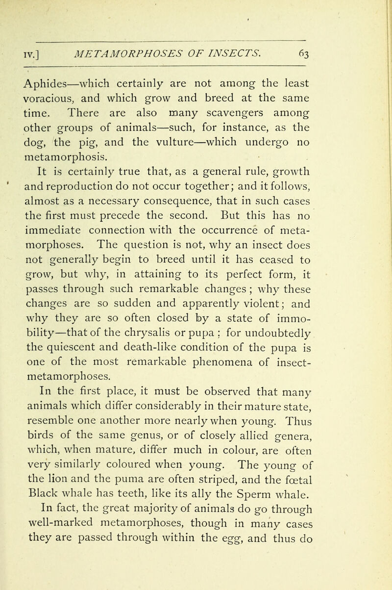 Aphides—which certainly are not among the least voracious, and which grow and breed at the same time. There are also many scavengers among other groups of animals—such, for instance, as the dog, the pig, and the vulture—which undergo no metamorphosis. It is certainly true that, as a general rule, growth and reproduction do not occur together; and it follows, almost as a necessary consequence, that in such cases the first must precede the second. But this has no immediate connection with the occurrence of meta- morphoses. The question is not, why an insect does not generally begin to breed until it has ceased to grow, but why, in attaining to its perfect form, it passes through such remarkable changes; why these changes are so sudden and apparently violent; and why they are so often closed by a state of immo- bility—that of the chrysalis or pupa ; for undoubtedly the quiescent and death-like condition of the pupa is one of the most remarkable phenomena of insect- metamorphoses. In the first place, it must be observed that many animals which differ considerably in their mature state, resemble one another more nearly when young. Thus birds of the same genus, or of closely allied genera, which, when mature, differ much in colour, are often very similarly coloured when young. The youne of the lion and the puma are often striped, and the foetal Black whale has teeth, like its ally the Sperm whale. In fact, the great majority of animals do go through well-marked metamorphoses, though in many cases they are passed through within the egg, and thus do
