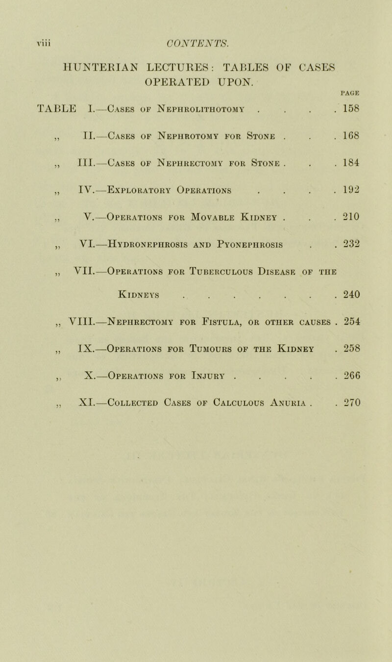 IIUNTEEIAN LECTURES: TARLES OF CASES OPERATED UPON. PAGE TABLE 1.—Cases of Nephrolithotomy ,, II.—Cases of Nephrotomy for Stone . ,, III.—Cases of Nephrectomy for Stone . ,, IV.—Exploratory Operations ,, V.—Operations for Movable Kidney . ,, VI.—Hydronephrosis and Pyonephrosis . 158 . 168 . 184 . 192 210 232 ,, VII.—Operations for Tuberculous Disease of the Kidneys ....... 240 ,, VIII.—Nephrectomy for Fistula, or other causes . 254 ,, IX.—Operations for Tumours of the Kidney . 258 ,, X.—Operations for Injury ..... 266 ,, XI.—Collected Cases of Calculous Anuria . . 270