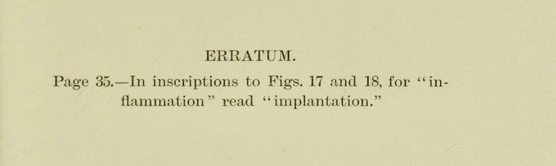 Page 35.—In inscriptions to Figs. 17 and IS, for “in- flammation” read “implantation.”