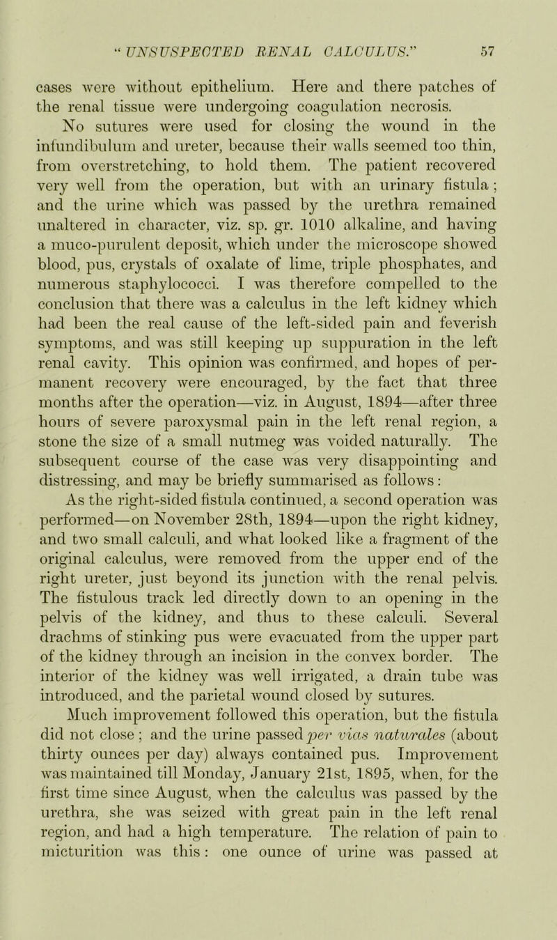cases were without epithelium. Here and there patches of the renal tissue were undergoing coagulation necrosis. No sutures were used for closiin^ the wound in the O inlundibulum and ureter, because their walls seemed too thin, from overstretching, to hold them. The patient recovered very well from the operation, but with an urinary fistula ; and the urine which was passed by the urethra remained unaltered in character, viz. sp. gr. 1010 alkaline, and having a muco-purulent deposit, which under the microscope showed blood, pus, crystals of oxalate of lime, triple phosphates, and numerous staphylococci. I was therefore compelled to the conclusion that there was a calculus in the left kidnev which «/ had been the real cause of the left-sided pain and feverish symptoms, and was still keeping up suppuration in the left renal cavity. This opinion was confirmed, and hopes of per- manent recovery were encouraged, by the fact that three months after the operation—viz. in August, 1894—after three hours of severe paroxysmal pain in the left renal region, a stone the size of a small nutmeg was voided naturally. The subsequent course of the case was very disappointing and distressing, and may be briefly summarised as follows: As the right-sided fistula continued, a second operation was performed—on November 28th, 1894—upon the right kidney, and two small calculi, and what looked like a fragment of the original calculus, were removed from the upper end of the right ureter, just beyond its junction with the renal pelvis. The fistulous track led directly down to an opening in the pelvis of the kidney, and thus to these calculi. Several drachms of stinking pus were evacuated from the upper part of the kidney through an incision in the convex border. The interior of the kidney was well irrigated, a drain tube was introduced, and the parietal wound closed by sutures. Much improvement followed this operation, but the fistula did not close; and the urine passed 2^er vias naturales (about thirty ounces per day) always contained pus. Improvement was maintained till Monday, January 21st, 1895, when, for the first time since August, when the calculus was passed by the urethra, she was seized with great pain in the left renal region, and had a high temperature. The relation of pain to micturition was this: one ounce of urine was passed at