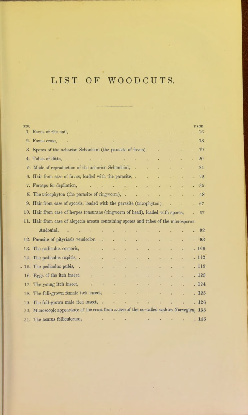 LIST OF WOODCUTS. FIG. PAGE 1. Favus of the nail, 16 2. Favus crust, ............ 18 3. Spores of the achorion Schonleini (the parasite of favus), . . . .19 4. Tubes of ditto, ............ 20 5. Mode of reproduction of the achorion Schonleini, . . . . . .21 6. Hair from case of favus, loaded with the parasite, ... ... 22 7. Forceps for depilation, . . . . . . . . . .35 8. The tricophyton (the parasite of ringworm), ....... 48 9. Hair from case of sycosis, loaded with the parasite (tricophyton), . . .67 10. Hair from case of herpes tonsurans (ringworm of head), loaded with spores, . 67 11. Hair from case of alopecia areata containing spores and tubes of the microsporon Audouini, 82 12. Parasite of pityriasis versicolor, 93 13. The pediculus corporis, .......... 106 14. The pediculus capitis, 112 • 15. The pediculus pubis, 113 16. Eggs of the itch insect, 123 17. The young itch insect, 124 18. The fall-grown female itch insect, ........ 125 19. The full-grown male itch insect, 126 20. Microscopic appearance of the crust from a case of the so-called scabies Norvegica, 135 21. The acarus folliculorum, .... 146