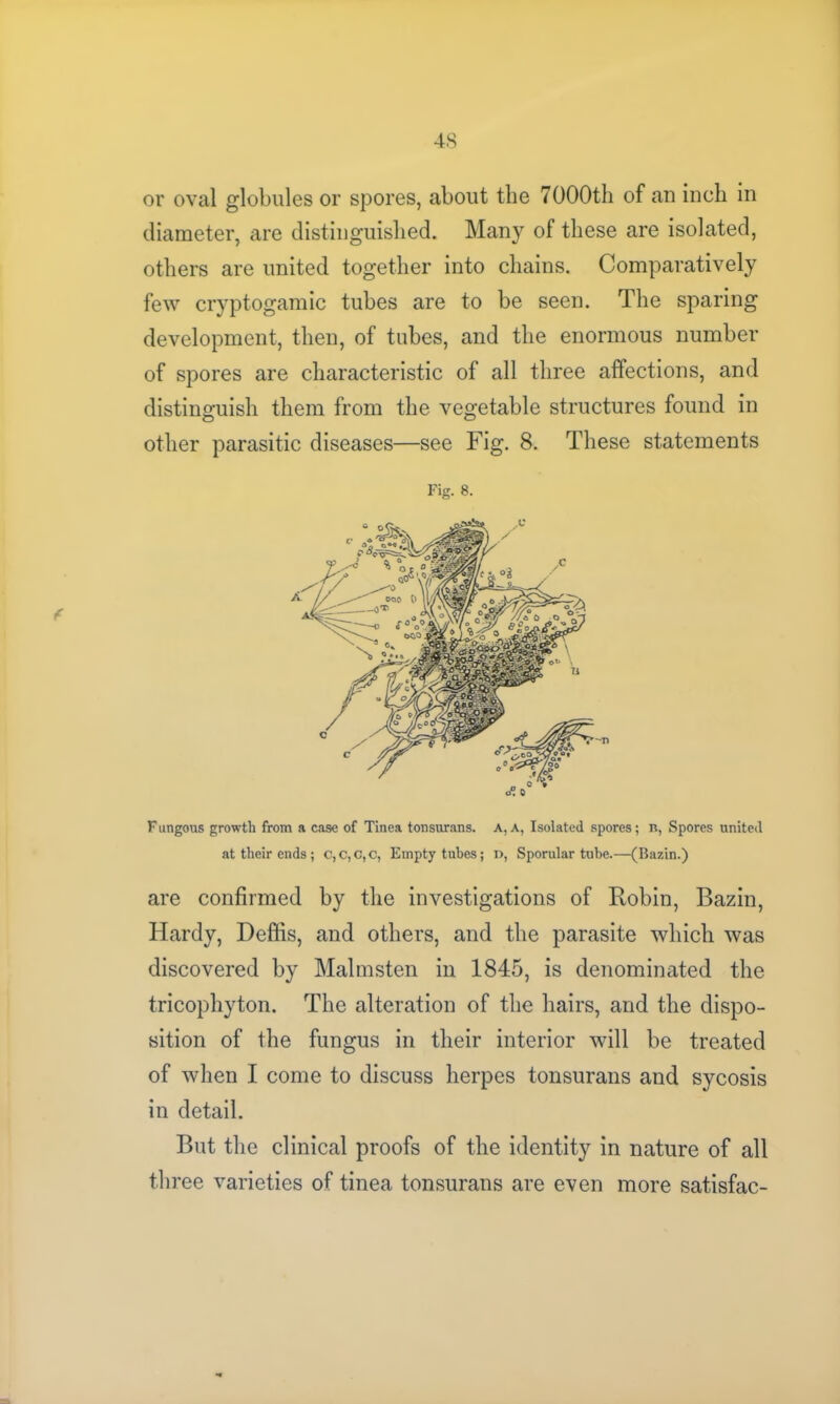 or oval globules or spores, about the 7000th of an inch in diameter, are distinguished. Many of these are isolated, others are united together into chains. Comparatively few cryptogamic tubes are to be seen. The sparing development, then, of tubes, and the enormous number of spores are characteristic of all three affections, and distinguish them from the vegetable structures found in other parasitic diseases—see Fig. 8. These statements Fig. 8. Ftingous growth from a case of Tinea tonsurans. A, A, Isolated spores; b, Spores united at their ends; C,C,C,C, Empty tubes; n, Sporular tube.—(Bazin.) are confirmed by the investigations of Robin, Bazin, Hardy, Deftis, and others, and the parasite which was discovered by Malmsten in 1845, is denominated the tricophyton. The alteration of the hairs, and the dispo- sition of the fungus in their interior will be treated of when I come to discuss herpes tonsurans and sycosis in detail. But the clinical proofs of the identity in nature of all three varieties of tinea tonsurans are even more satisfac-