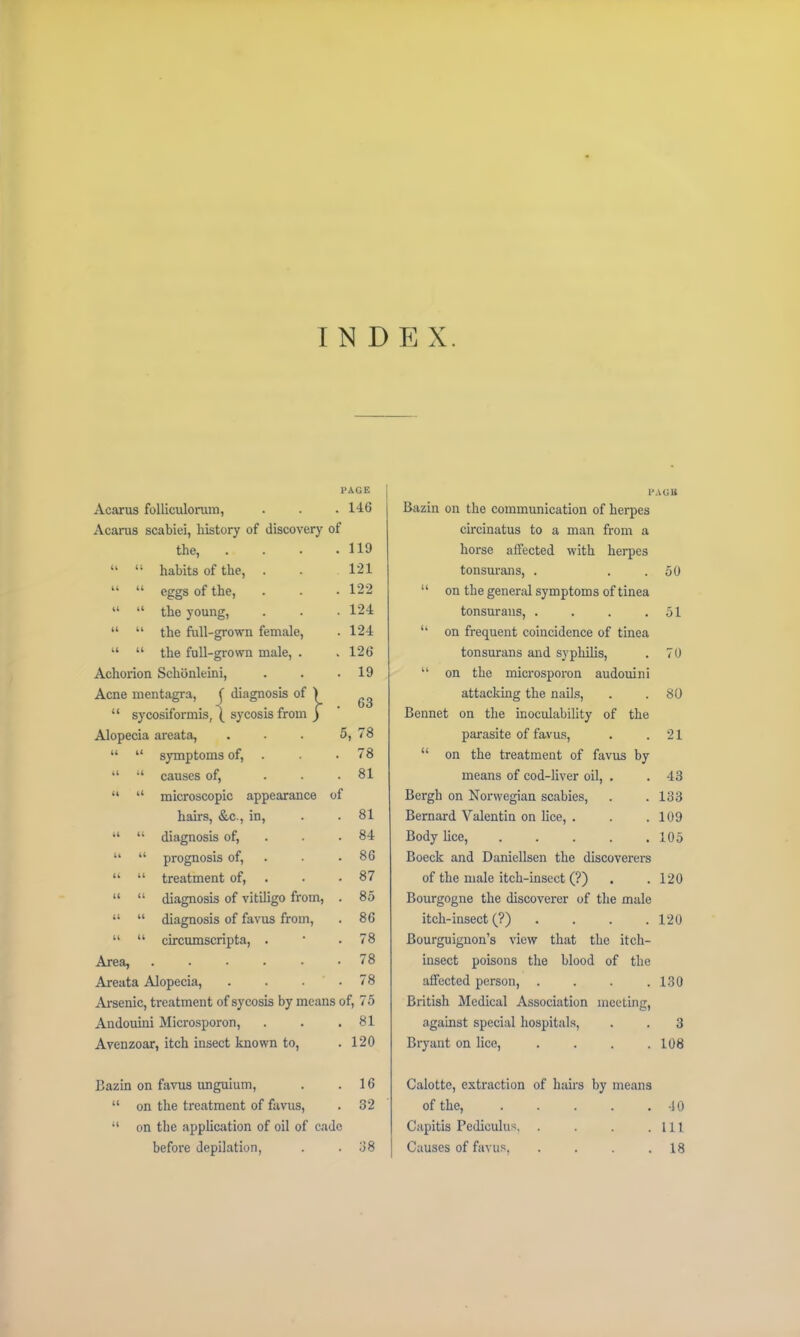 INDE X. PAGE j PAGB Acarus follieulorum, Acarus scabiei, history of discovery of 146 Bazin on the communication of herpes circinatus to a man from a the, . 119 horse affected with herpes “ “ habits of the, . 121 tonsurans, . 50 “ “ eggs of the, • 122 “ on the general symptoms of tinea “ “ the young, 124 tonsurans, .... 51 “ “ the full-grown female, 124 “ on frequent coincidence of tinea “ “ the full-grown male, . 126 tonsurans and syphilis, 70 Achorion Schdnleini, . 19 “ on the microsporon audouini Acne mentagra, ( diagnosis of ) “ sycosiformis, ( sycosis from j • 63 attacking the nails, Bennet on the inoculability of the 80 Alopecia areata, 5 , 78 parasite of favus, 21 “ “ symptoms of, . 78 “ on the treatment of favus by “ “ causes of, 81 means of cod-liver oil, . 43 “ “ microscopic appearance of Bergh on Norwegian scabies, 133 hairs, &c., in, 81 Bernard Valentin on lice, . 109 “ “ diagnosis of, 84 Body lice, ..... 105 “ “ prognosis of, 86 Boeck and Daniellsen the discoverers “ “ treatment of, 87 of the male itch-insect (?) 120 “ “ diagnosis of vitiligo from, 85 Bourgogne the discoverer of the male “ “ diagnosis of favus from, 86 itch-insect (?) 120 “ “ circumscripta, . 78 Bourguignon’s view that the itch- Area, 78 insect poisons the blood of the Areata Alopecia, 78 affected person, .... 130 Arsenic, treatment of sycosis by means of, 7 5 British Medical Association meeting, Andouini Microsporon, 81 against special hospitals, 3 Avenzoar, itch insect known to, 120 Bryant on lice, .... 108 Bazin on favus unguium, 16 Calotte, extraction of hairs by means “ on the treatment of favus, 32 of the, ..... 40 “ on the application of oil of cade Capitis Pediculus, .... ill before depilation, • 38 Causes of favus, .... 18