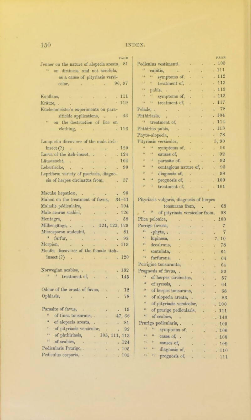 I’AUK Jenner on the nature of alopecia areata, 81 “ on dirtiness, and not scrofula, as a cause of pityriasis versi- color, . . . 96, 97 Kopflaus, . . . . .111 Kriltze, .....' 119 Kuehenmeister’s experiments on para- siticide applications, . .43 on the destruction of lice on clothing, . . . .116 Lanquetin discoverer of the male itcli- insect(?) . . . . .120 Larva of the itch-insect, . . .124 Liiusesucht, ..... 104 Leberflecke, . . . . .90 Lepriform variety of psoriasis, diagno- sis of herpes circinatus from, . 57 Maculae hepatic®, . . . .90 Mahon on the treatment of favus, 34-41 Maladie pediculaire, • 104 Male acarus scabiei, . 126 Mentagra, .... • 58 Milbengange, . . .121, 122, 129 Microsporon audouini, 81 “ furfur, .... . 92 Morpion, • 113 Moufet discoverer of the female itcli- insect (?) • 120 Norwegian scabies, . # 132 “ treatment of, • 145 Odour of the crusts of favus, 12 Ophiasis, . . . 78 Parasite of favus, 19 “ of tinea tonsurans, . 4' 7, 66 “ of alopecia areata, . . 81 “ of pityriasis versicolor, . 92 “ of phthiriasis, . 105 in, 113 “ of scabies, . 124 Pedicularis Prurigo,. . 105 Pediculus coiporis, . 105 Pediculus vestimenti. PACK . 105 “ capitis, . Ill “ “ symptoms of, . . 112 “ “ treatment of, . . 113 “ pubis, .... . 113 “ “ symptoms of, . . 113 “ “ treatment of, . . 117 Pelade . 78 Phthiriasis, , . 104 “ treatment of. . 114 Phthirius pubis, . 113 Phyto-alopecia, . 78 Pityriasis versicolor, 5, 90 “ “ symptoms of, . . 90 “ “ causes of, . 92 ■' “ parasite of, . 92 “ “ contagious nature of, . . 93 “ “ diagnosis of, . 98 “ ‘‘ prognosis of, . 100 “ “ treatment of, . . 101 Pityiiasis vulgaris, diagnosis of herpes tonsurans from, 68 “ “ of pityriasis versicolor from, 98 Plica polonica, .... 103 Porrigo favosa, .... 7 “ -phyte, 7 “ lupinosa, ... 7 10 “ decalvans, .... 78 “ scutulata, .... 64 “ furfurans, .... 64 Porrigine tonsurante, 64 Prognosis of favus, .... 30 “ of herpes circinatus, 57 “ of sycosis, .... 64 “ of herpes tonsurans, 68 “ of alopecia areata, . 86 “ of pityriasis versicolor, . 100 “ of prurigo pedicularis, 111 “ of scabies, .... 140 Prurigo pedicularis, .... 105 “ “ symptoms of, . 106 “ “ cases of, . 108 “ “ causes of, ... 109 “ “ diagnosis of, 110 “ “ prognosis of, 111