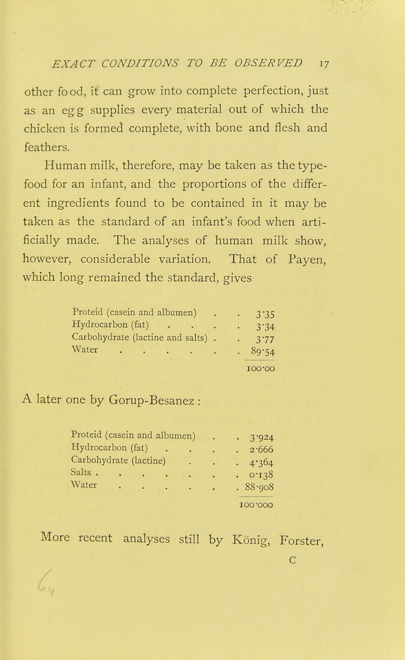 other food, it can grow into complete perfection, just as an egg supplies every material out of which the chicken is formed complete, with bone and flesh and feathers. Human milk, therefore, may be taken as the type- food for an infant, and the proportions of the differ- ent ingredients found to be contained in it may be taken as the standard of an infant's food when arti- ficially made. The analyses of human milk show, however, considerable variation. That of Payen, which long remained the standard, gives Proteid (casein and albumen) . . 3*35 Hydrocarbon (fat) .... 3-34 Carbohydrate (lactine and salts) . . 377 Water 89-54 loo-oo A later one by Gorup-Besanez : Proteid (casein and albumen) . . 3-924 Hydrocarbon (fat) .... 2-666 Carbohydrate (lactine) . . . 4*364 Salts 0-138 Water 88-908 100-000 More recent analyses still by Konig, Forster, C /
