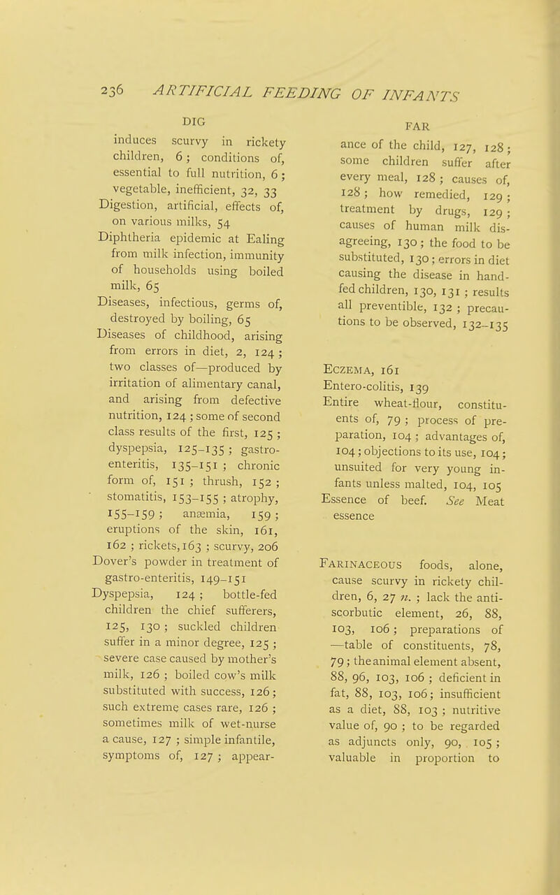 DIG induces scurvy in rickety children, 6; conditions of, essential to full nutrition, 6; vegetable, inefficient, 32, 33 Digestion, artificial, effects of, on various milks, 54 Diphtheria epidemic at Ealing from milk infection, immunity of households using boiled milk, 65 Diseases, infectious, germs of, destroyed by boiling, 65 Diseases of childhood, arising from errors in diet, 2, 124 ; two classes of—produced by irritation of alimentary canal, and arising from defective nutrition, 124; some of second class results of the first, 125 ; dyspepsia, 125-135 ; gastro- enteritis, 135-151 ; chronic form of, 151; thrush, 152; stomatitis, 153-155 ; atrophy, 155-159; anemia, 159; eruptions of the skin, 161, 162 ; rickets, 163 ; scurvy, 206 Dover's powder in treatment of gastro-enteritis, 149-151 Dyspepsia, 124 ; bottle-fed children the chief sufferers, 125, 130; suckled children suffer in a minor degree, 125 ; severe case caused by mother's milk, 126 ; boiled cow's milk substituted with success, 126; such extreme cases rare, 126 ; sometimes milk of wet-nurse a cause, 127 ; simple infantile, symptoms of, 127 ; appear- FAR ance of the child, 127, 128; some children suffer after every meal, 128 ; causes of, 128; how remedied, 129 ; treatment by drugs, 129 ; causes of human milk dis- agreeing, 130 ; the food to be substituted, 130; errors in diet causing the disease in hand- fed children, 130, 131 ; results all preventible, 132 ; precau- tions to be observed, 132-135 Eczema, 161 Entero-colitis, 139 Entire wheat-tlour, constitu- ents of, 79 ; process of pre- paration, 104 ; advantages of, 104; objections to its use, 104; unsuited for very young in- fants unless malted, 104, 105 Essence of beef. See Meat essence Farinaceous foods, alone, cause scurvy in rickety chil- dren, 6, 27 71. ; lack the anti- scorbutic element, 26, 88, 103, 106; preparations of —table of constituents, 78, 79; the animal element absent, 88, 96, 103, 106 ; deficient in fat, 88, 103, 106; insufficient as a diet, 88, 103 ; nutritive value of, 90 ; to be regarded as adjuncts only, 90, 105 ; valuable in proportion to