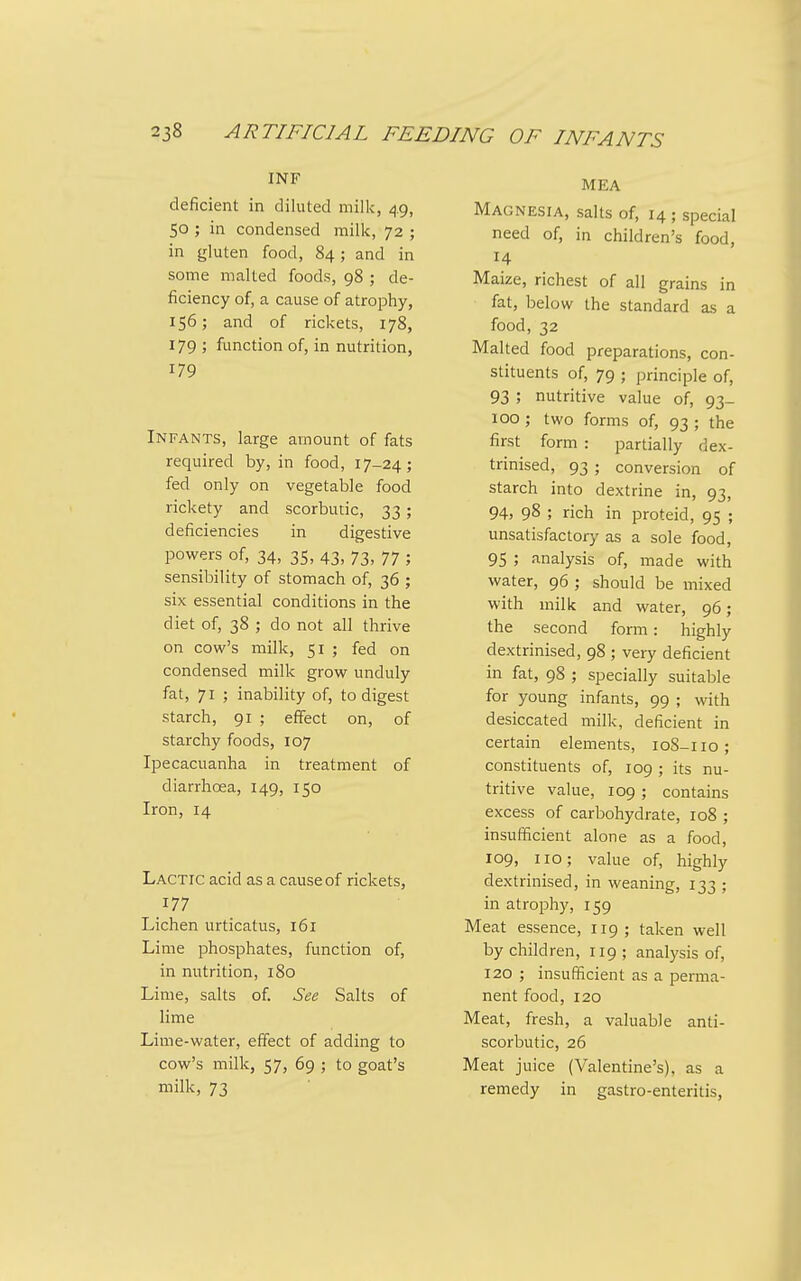 INF deficient in diluted milk, 49, 50 ; in condensed milk, 72 ; in gluten food, 84 ; and in some malted foods, 98 ; de- ficiency of, a cause of atrophy, 156; and of rickets, 178, 179 ; function of, in nutrition, 179 Infants, large amount of fats required by, in food, 17-24; fed only on vegetable food rickety and scorbutic, 33 ; deficiencies in digestive powers of, 34, 35, 43, 73, 77 ; sensibility of stomach of, 36 ; six essential conditions in the diet of, 38 ; do not all thrive on cow's milk, 51 ; fed on condensed milk grow unduly fat, 71 ; inability of, to digest starch, 91 ; effect on, of starchy foods, 107 Ipecacuanha in treatment of diarrhoea, 149, 150 Iron, 14 Lactic acid as a cause of rickets, 177 Lichen urticatus, 161 Lime phosphates, function of, in nutrition, 180 Lime, salts of. See Salts of lime Lime-water, effect of adding to cow's milk, 57, 69 ; to goat's milk, 73 MEA Magnesia, salts of, 14 ; special need of, in children's food, Maize, richest of all grains in fat, below the standard as a food, 32 Malted food preparations, con- stituents of, 79 ; principle of, 93 ; nutritive value of, 93- 100; two forms of, 93 ; the first form : partially dex- trinised, 93 ; conversion of starch into dextrine in, 93, 94, 98 ; rich in proteid, 95 ; unsatisfactory as a sole food, 95 ; analysis of, made with water, 96 ; should be mixed with milk and water, 96; the second form: highly dextrinised, 98 ; very deficient in fat, 98 ; specially suitable for young infants, 99 ; with desiccated milk, deficient in certain elements, 108-110 ; constituents of, 109 ; its nu- tritive value, 109 ; contains excess of carbohydrate, 108 ; insufficient alone as a food, 109, no; value of, highly dextrinised, in weaning, 133 ; in atrophy, 159 Meat essence, 119 ; taken well by children, 119 ; analysis of, 120 ; insufficient as a perma- nent food, 120 Meat, fresh, a valuable anti- scorbutic, 26 Meat juice (Valentine's), as a remedy in gastro-enteritis,
